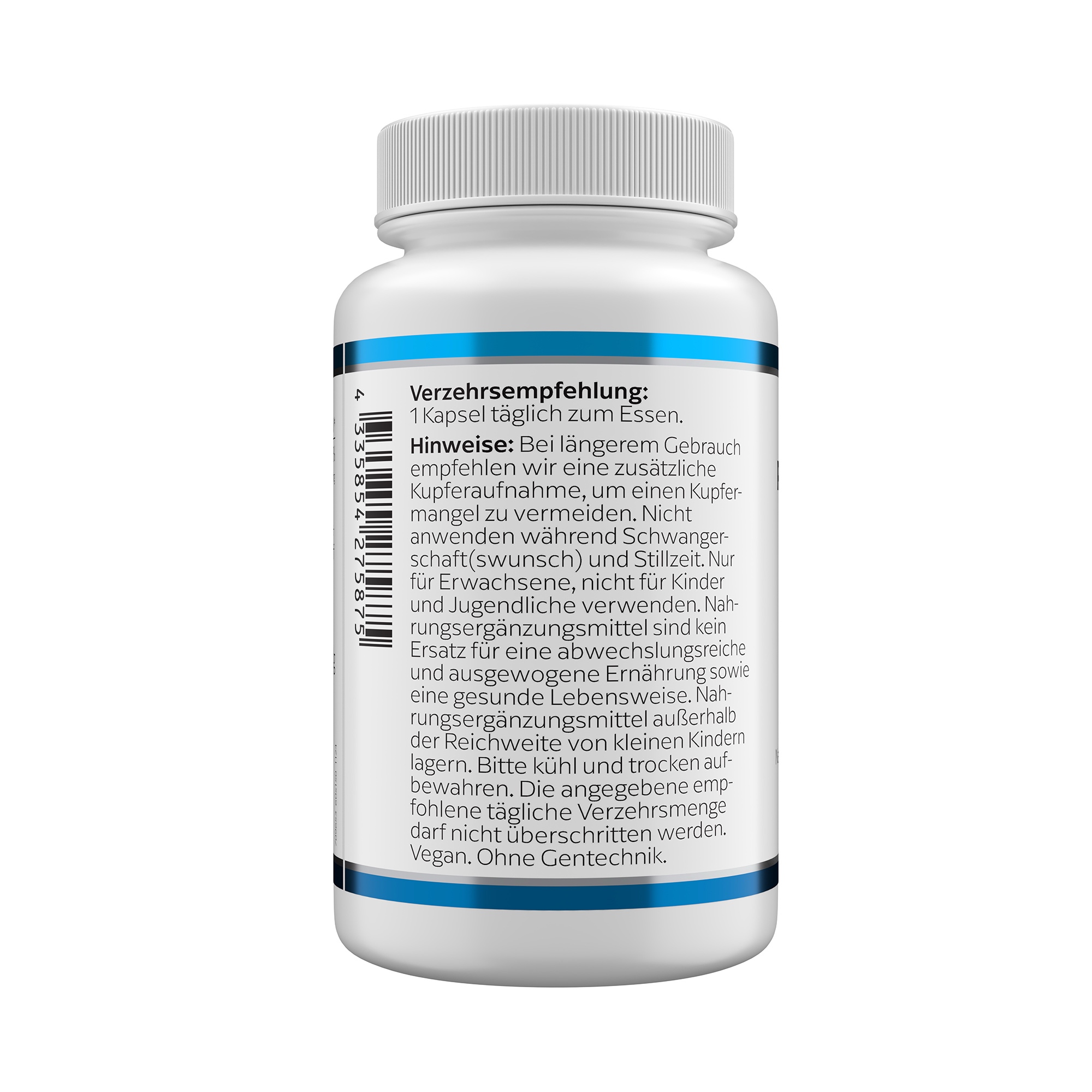 Produktfoto: Eine weiße Plastikflasche mit blauem Etikett, auf dem “Zink Picolinat 25 mg“ steht. Darunter das Logo von Klean Labs. Die Flasche enthält 100 Kapseln eines Nahrungsergänzungsmittels mit Zink. Auf weißem Hintergrund fotografiert.