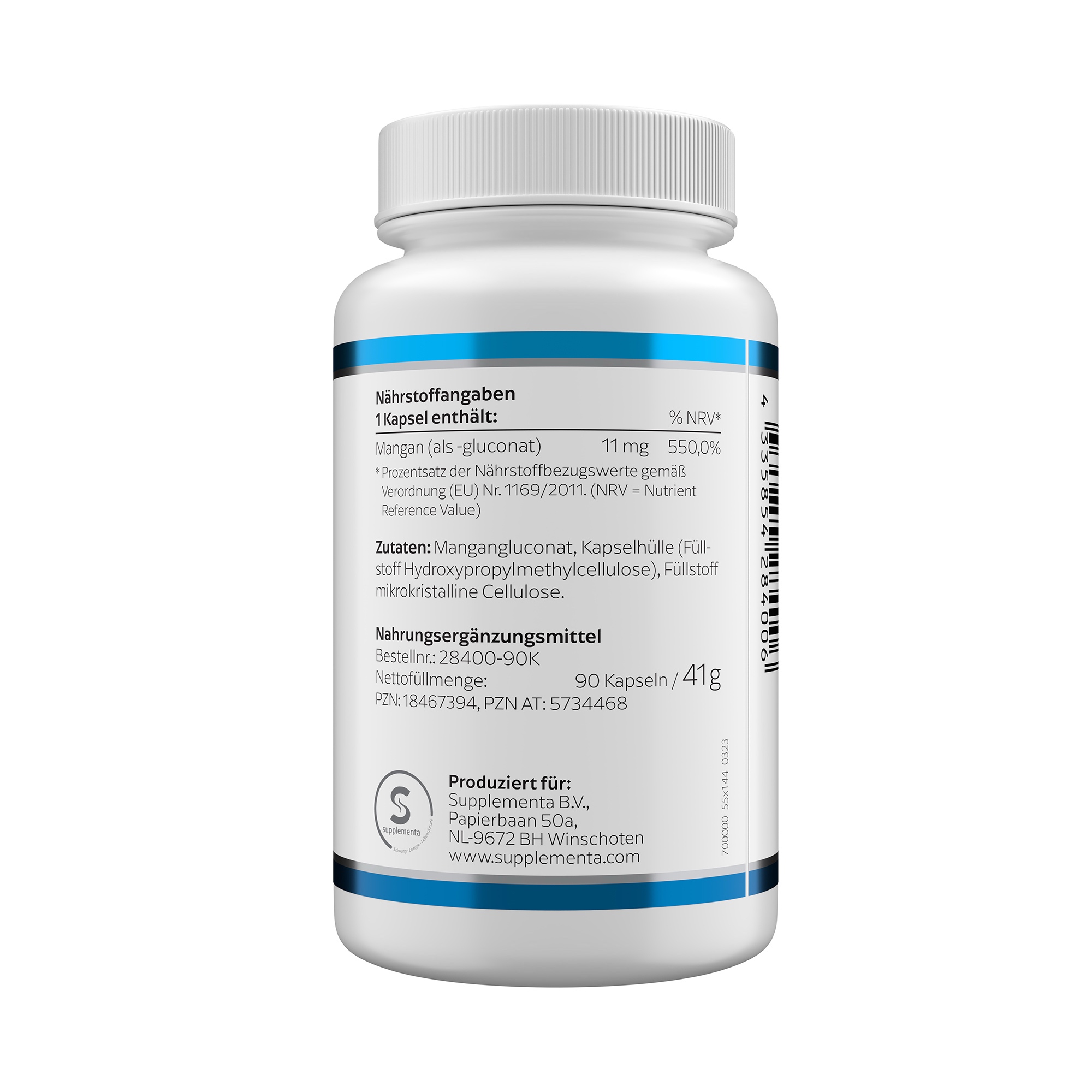 Produktfoto: Auf dem Bild ist eine weiße Plastikflasche mit einem blauen Etikett zu sehen. Auf dem Etikett steht “MANGAN 11 mg“ und “KLEAN LABS“. Es handelt sich um ein Nahrungsergänzungsmittel mit Mangan. Die Flasche hat einen weißen Schraubverschluss.