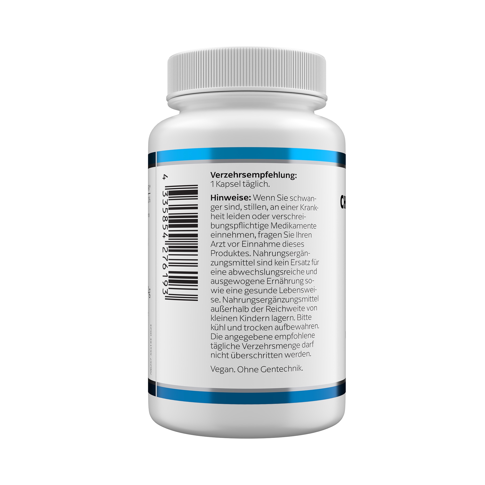 Produktfoto: Eine weiße Plastikflasche mit einem weißen Schraubverschluss. Auf dem Etikett steht “CHROMPICOLINAT 200 mcg“ und “KLEAN LABS“. Es ist ein Nahrungsergänzungsmittel mit Chrom.