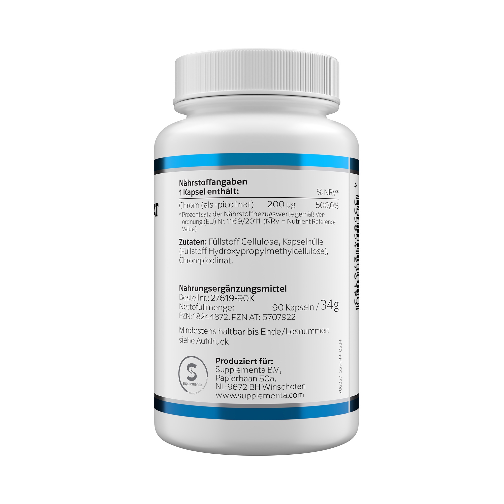 Produktfoto: Eine weiße Plastikflasche mit einem weißen Schraubverschluss. Auf dem Etikett steht “CHROMPICOLINAT 200 mcg“ und “KLEAN LABS“. Es ist ein Nahrungsergänzungsmittel mit Chrom.