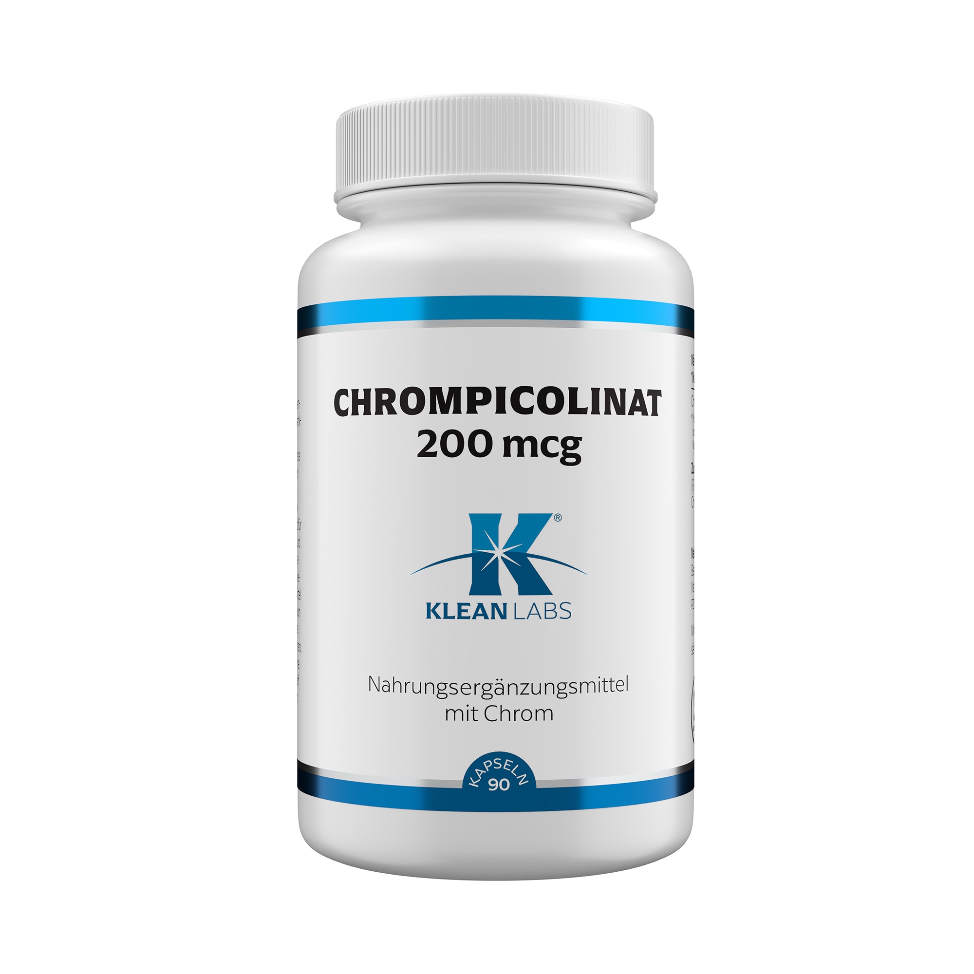 Produktfoto: Eine weiße Plastikflasche mit einem weißen Schraubverschluss. Auf dem Etikett steht “CHROMPICOLINAT 200 mcg“ und “KLEAN LABS“. Es ist ein Nahrungsergänzungsmittel mit Chrom.
