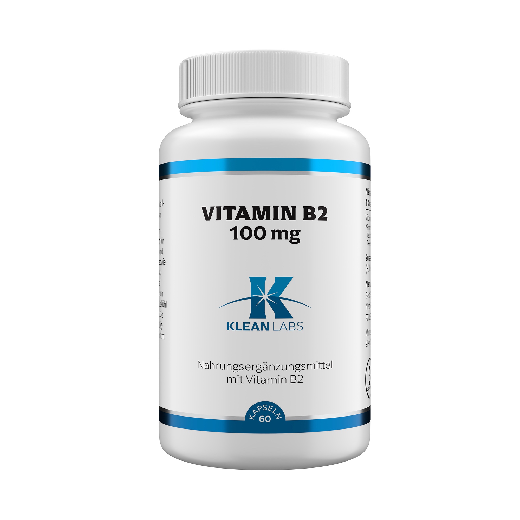 Produktfoto: Eine weiße Flasche mit einem Schraubverschluss und einem Etikett, das “Vitamin B2 100 mg“ anzeigt. Die Flasche gehört zu Klean Labs und enthält 60 Kapseln eines Nahrungsergänzungsmittels mit Vitamin B2.