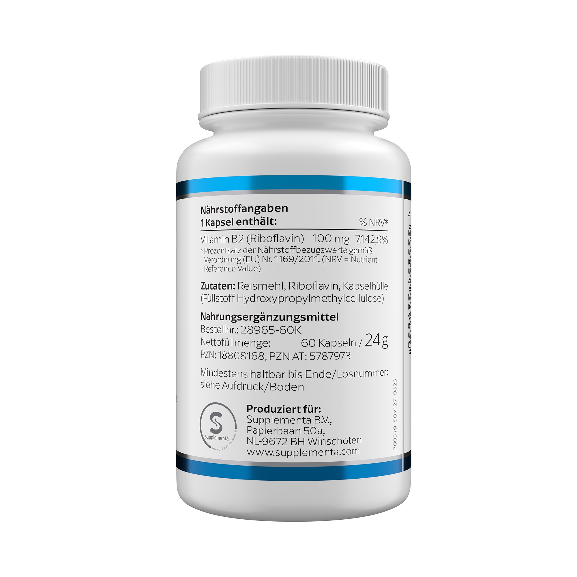 Produktfoto: Eine weiße Flasche mit einem Schraubverschluss und einem Etikett, das “Vitamin B2 100 mg“ anzeigt. Die Flasche gehört zu Klean Labs und enthält 60 Kapseln eines Nahrungsergänzungsmittels mit Vitamin B2.