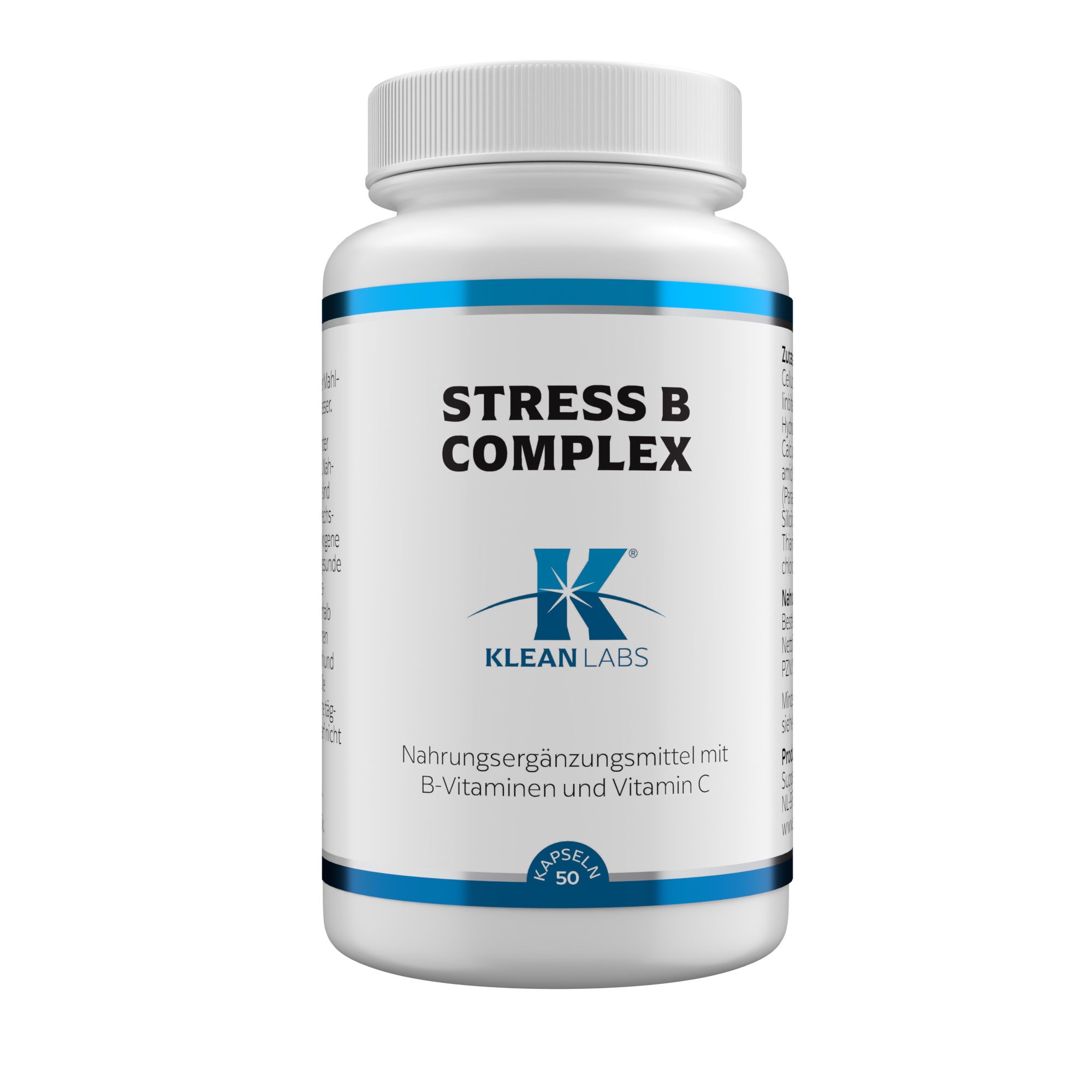 Produktfoto: Das Bild zeigt eine weiße Plastikflasche mit blauem Etikett, auf dem “STRESS B COMPLEX“ steht. Darunter ist das Logo von KLEAN LABS zu sehen. Die Flasche enthält 50 Kapseln eines Nahrungsergänzungsmittels mit B-Vitaminen und Vitamin C.