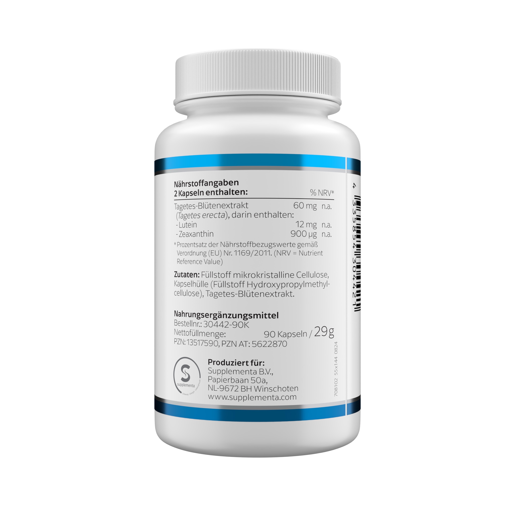 Produktfoto: Eine weiße Plastikflasche mit blauem Etikett zeigt den Text 'LUTEIN 6 mg' und das Logo von Klean Labs. Darunter steht 'Nahrungsergänzungsmittel mit Lutein'. Die Flasche ist auf einem weißen Hintergrund abgebildet.