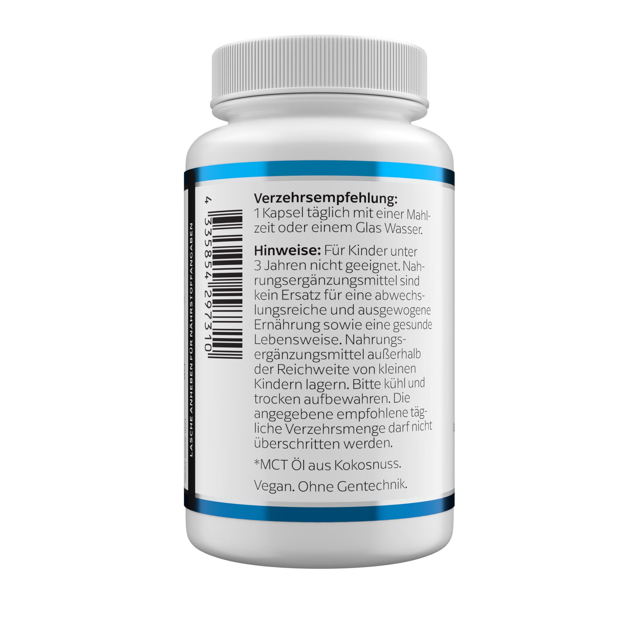 Produktfoto: Das Bild zeigt eine weiße Plastikflasche mit blauem Etikett, auf dem “STRESS B COMPLEX“ steht. Darunter ist das Logo von KLEAN LABS zu sehen. Die Flasche enthält 50 Kapseln eines Nahrungsergänzungsmittels mit B-Vitaminen und Vitamin C.