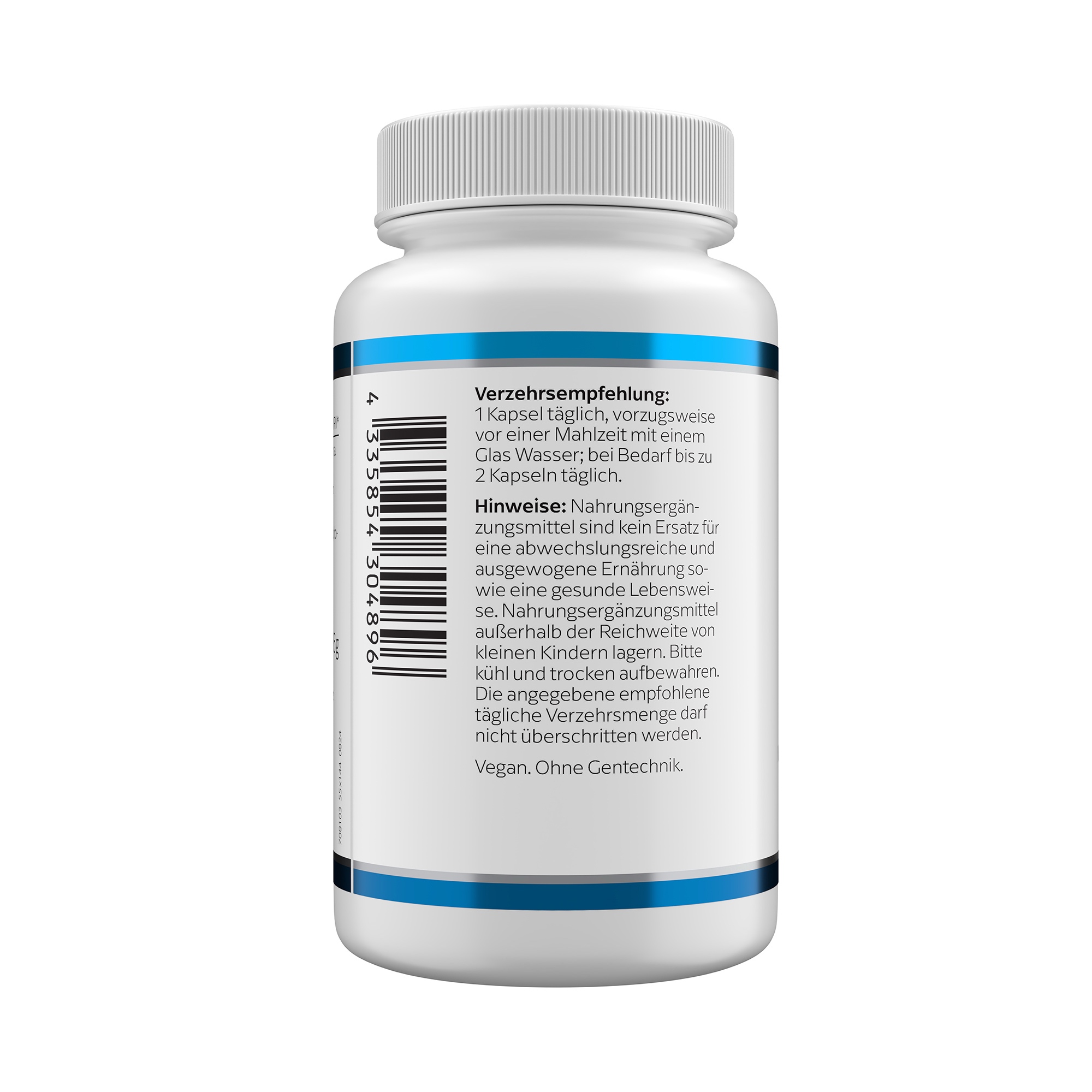 Produktfoto: Eine weiße Plastikflasche mit blauem Etikett, darauf steht 'TAURIN 500 mg' und 'KLEAN LABS'. Die Flasche enthält Nahrungsergänzungsmittel mit Taurin, 60 Kapseln. Der Hintergrund ist einfarbig weiß.