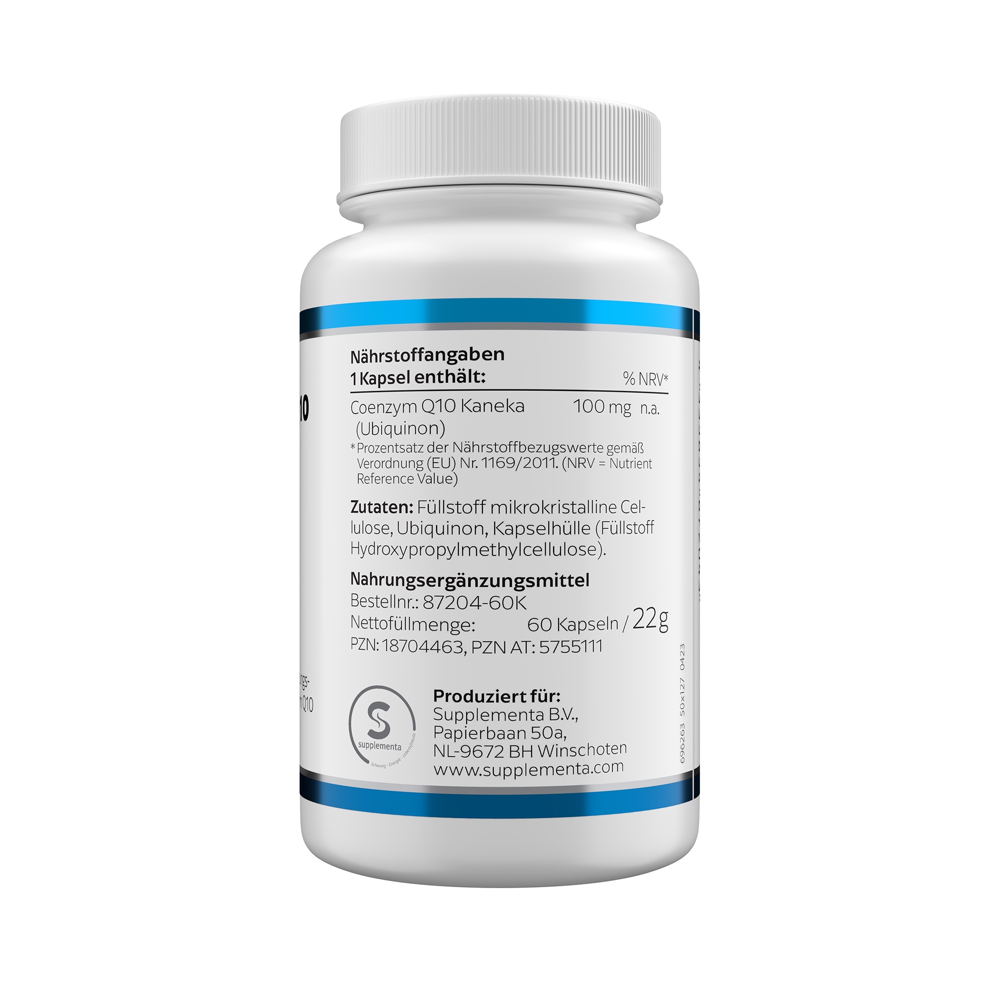 Produktfoto: Eine weiße Plastikflasche mit blauem Etikett, auf dem “COENZYM Q10 100 mg“ steht. Darunter das Logo von KLEAN LABS. Die Flasche enthält Nahrungsergänzungsmittel mit Coenzym Q10. Sie hat einen weißen Schraubverschluss.