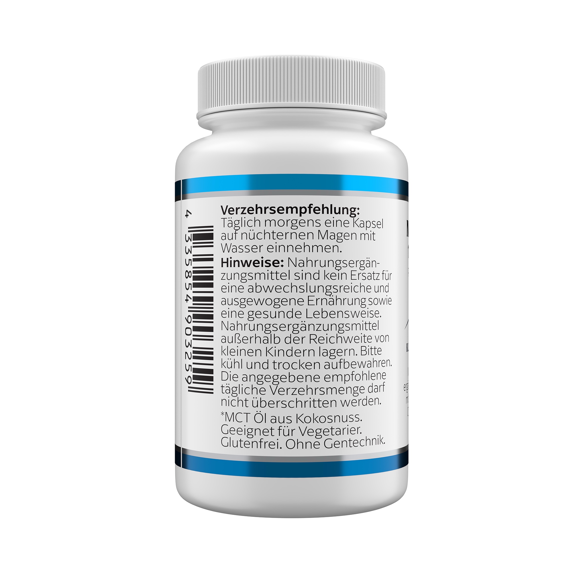 Produktfoto: Eine weiße Plastikflasche mit Schraubverschluss, die ein Nahrungsergänzungsmittel enthält. Auf dem Etikett steht 'NADH 10 mg PANMOL', 'KLEAN LABS', und es enthält Informationen zu Inhaltsstoffen und Anwendungshinweisen. Die Flasche hat ein blaues und weißes Design mit Text in schwarzer Schrift. Das Etikett enthält auch ein Logo mit einem stilisierten Buchstaben 'K'.