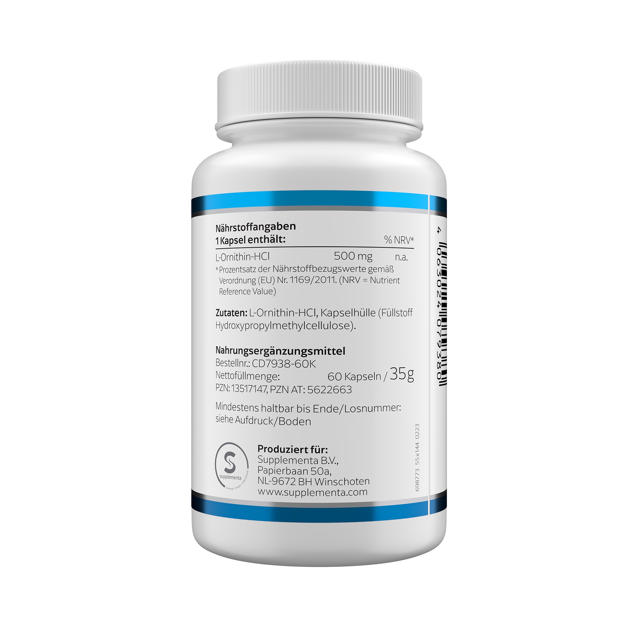 Produktfoto: Eine weiße Plastikflasche mit blauem Etikett, auf dem 'L-ORNITHIN 500 mg' steht. Das Logo 'Klean Labs' ist darunter sichtbar. Die Flasche enthält Nahrungsergänzungsmittel mit L-Ornithin und hat einen weißen Schraubverschluss.