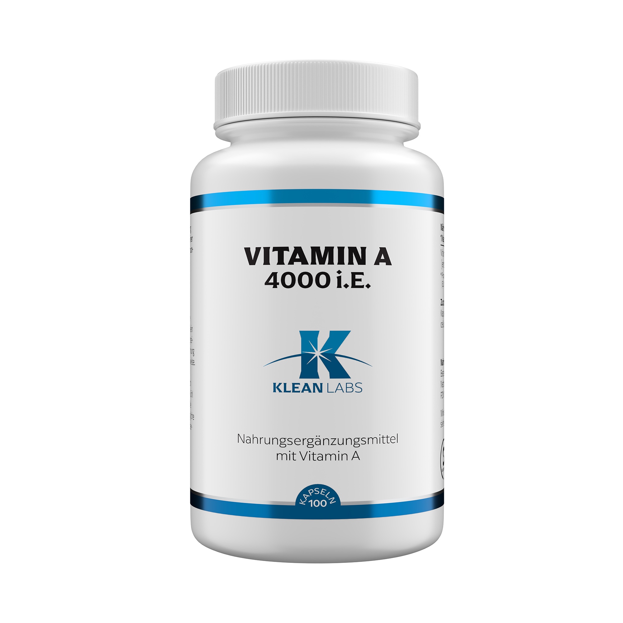 Produktfoto: Eine weiße Plastikflasche mit blauem Etikett, auf dem 'Vitamin A 4000 I.U.' und 'Klean Labs' steht. Die Flasche enthält Nahrungsergänzungsmittel mit Vitamin A. Im unteren Bereich des Etiketts steht '100 Kapseln'.