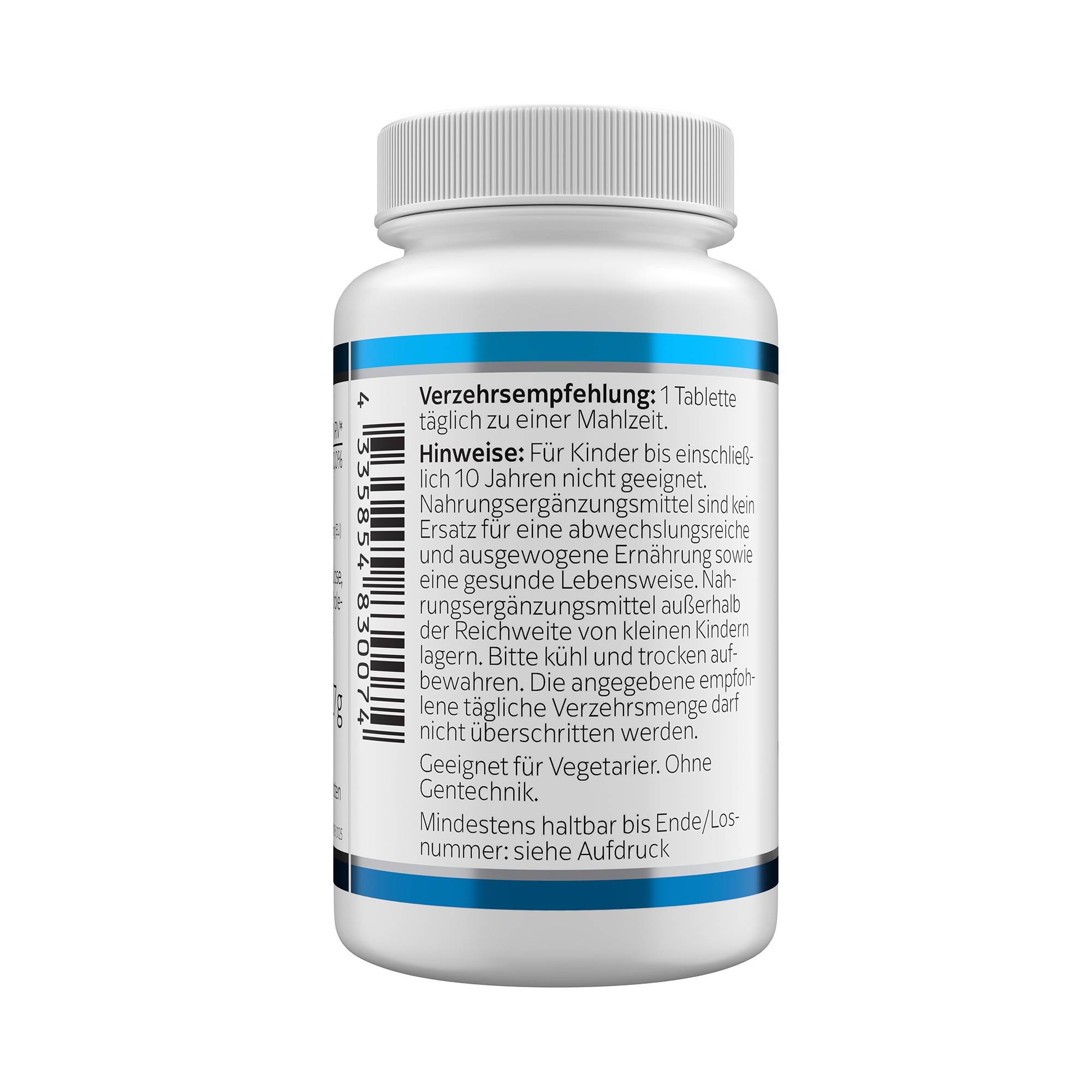 Produktfoto: Eine weiße Plastikflasche mit Schraubverschluss, auf der Vorderseite steht 'Vitamin D3 1000 I.E.' und 'Klean Labs'. Die Flasche enthält Nahrungsergänzungsmittel mit Vitamin D3. Das Etikett ist blau-weiß gestaltet und zeigt weitere Informationen zu Inhaltsstoffen und Hersteller.