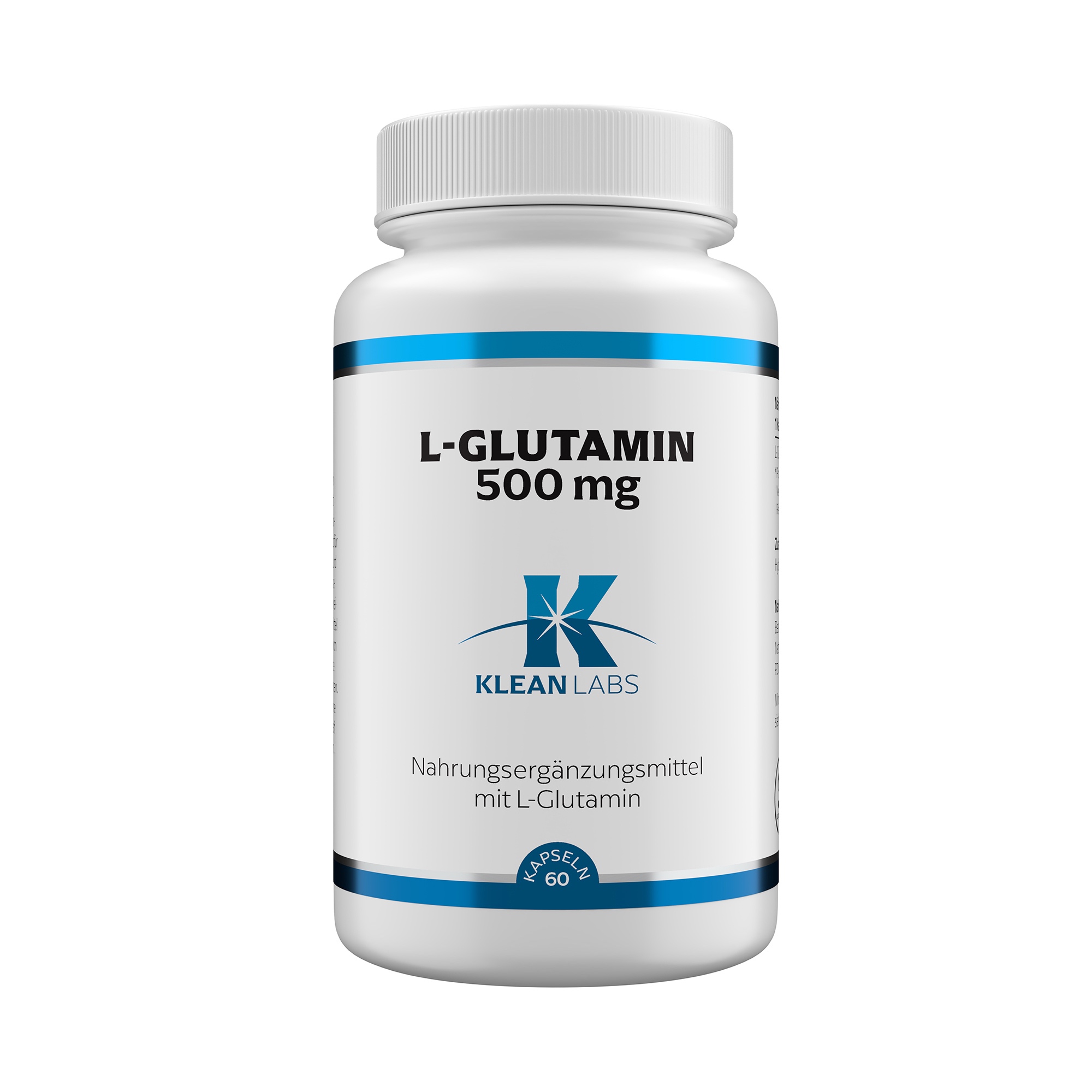 Produktfoto: Eine weiße Plastikflasche mit blauem Etikett, auf dem 'L-GLUTAMIN 500 mg' steht. Darunter ist das Logo von Klean Labs und der Hinweis 'Nahrungsergänzungsmittel mit L-Glutamin'. Die Flasche enthält 60 Kapseln.