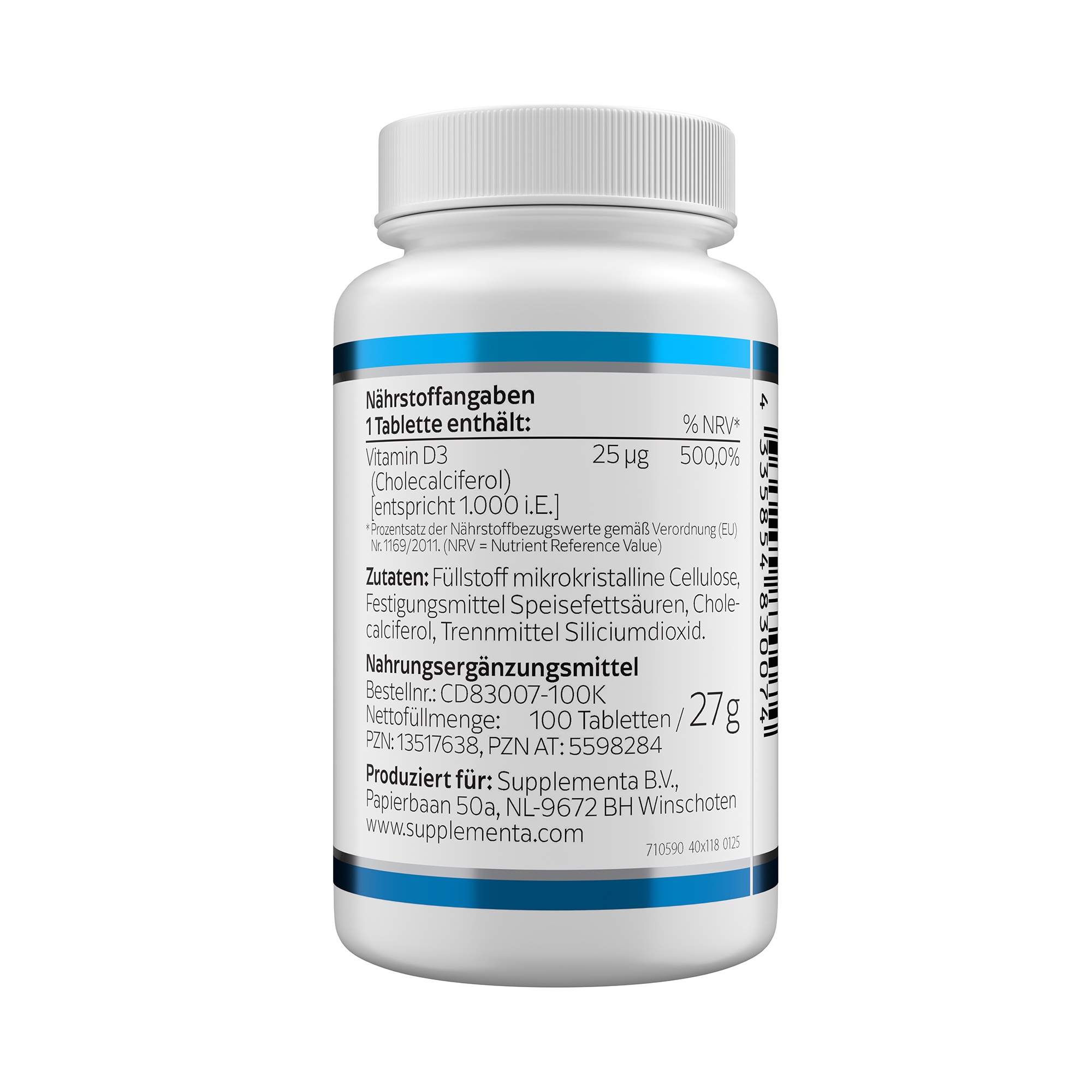 Produktfoto: Eine weiße Plastikflasche mit Schraubverschluss, auf der Vorderseite steht 'Vitamin D3 1000 I.E.' und 'Klean Labs'. Die Flasche enthält Nahrungsergänzungsmittel mit Vitamin D3. Das Etikett ist blau-weiß gestaltet und zeigt weitere Informationen zu Inhaltsstoffen und Hersteller.