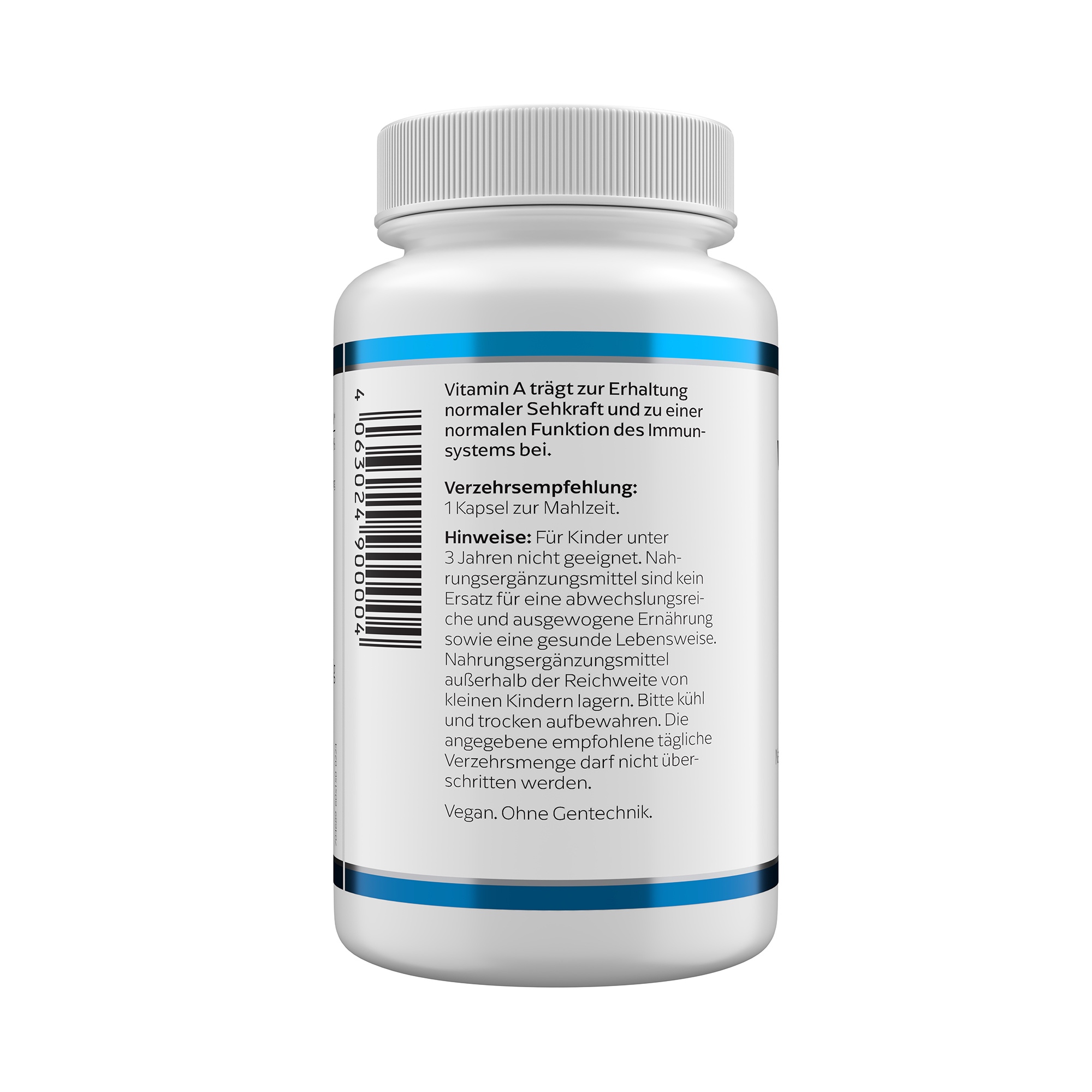 Produktfoto: Eine weiße Plastikflasche mit blauem Etikett, auf dem 'Vitamin A 4000 I.U.' und 'Klean Labs' steht. Die Flasche enthält Nahrungsergänzungsmittel mit Vitamin A. Im unteren Bereich des Etiketts steht '100 Kapseln'.