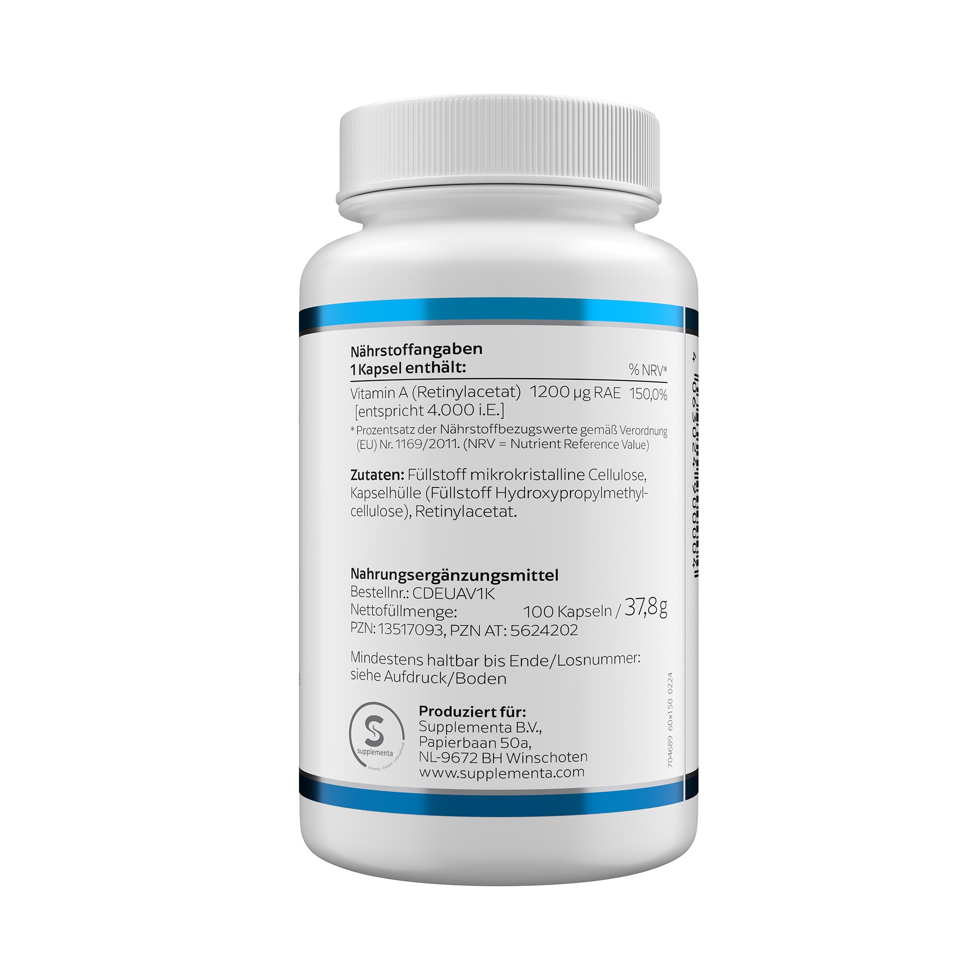 Produktfoto: Eine weiße Plastikflasche mit blauem Etikett, auf dem 'Vitamin A 4000 I.U.' und 'Klean Labs' steht. Die Flasche enthält Nahrungsergänzungsmittel mit Vitamin A. Im unteren Bereich des Etiketts steht '100 Kapseln'.