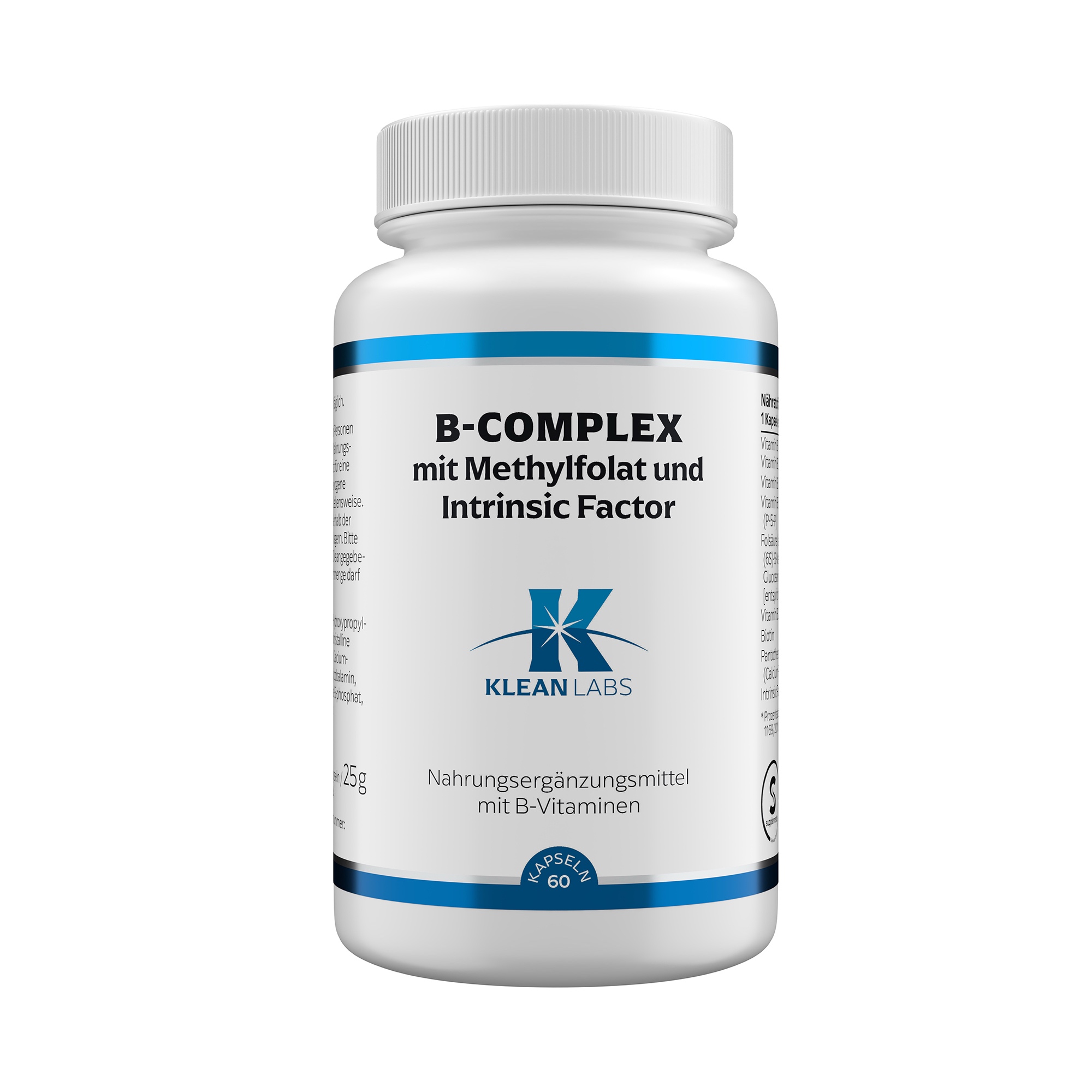 Produktfoto: Eine weiße Plastikflasche mit einem blauen Etikett. Auf dem Etikett steht “B-COMPLEX mit Methylfolat und Intrinsic Factor“. Darunter ist das Logo von KLEAN LABS zu sehen. Die Flasche enthält Nahrungsergänzungsmittel mit B-Vitaminen.