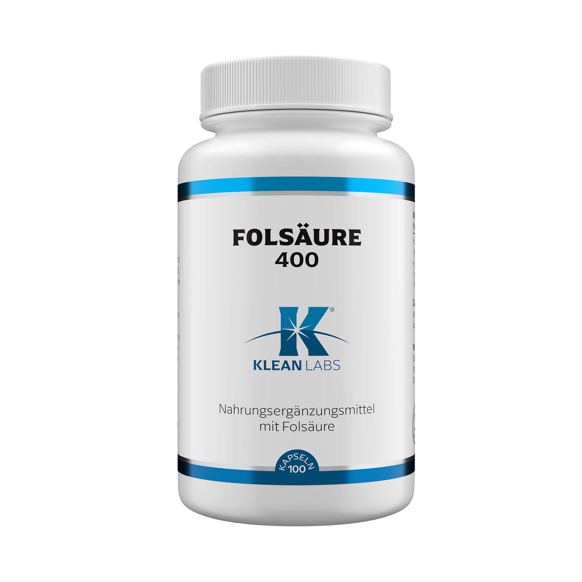 Produktfoto: Eine weiße Plastikflasche mit blauem Etikett, auf dem 'Folsäure 400' und 'Klean Labs' steht. Die Flasche enthält Nahrungsergänzungsmittel mit Folsäure.