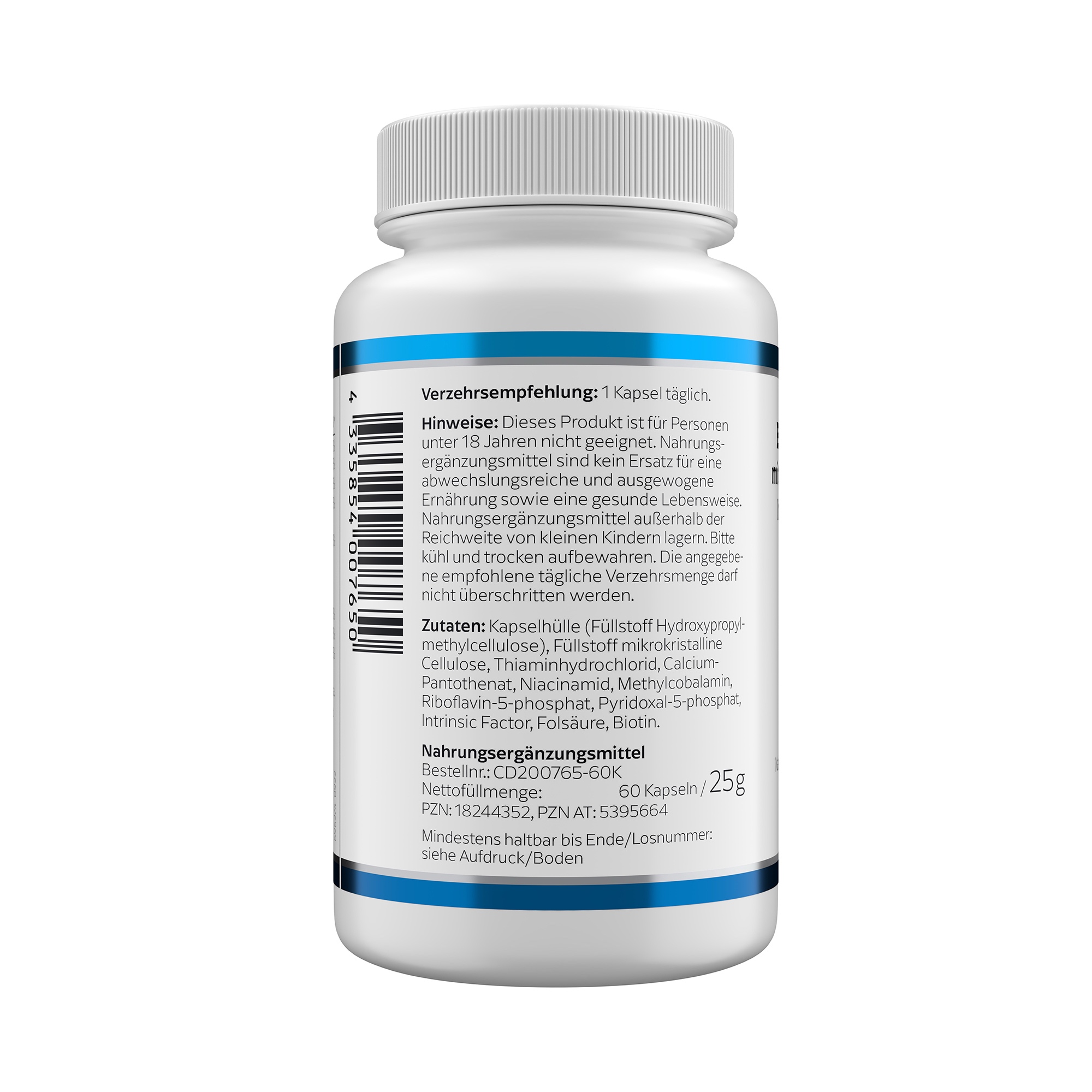 Produktfoto: Eine weiße Plastikflasche mit einem blauen Etikett. Auf dem Etikett steht “B-COMPLEX mit Methylfolat und Intrinsic Factor“. Darunter ist das Logo von KLEAN LABS zu sehen. Die Flasche enthält Nahrungsergänzungsmittel mit B-Vitaminen.