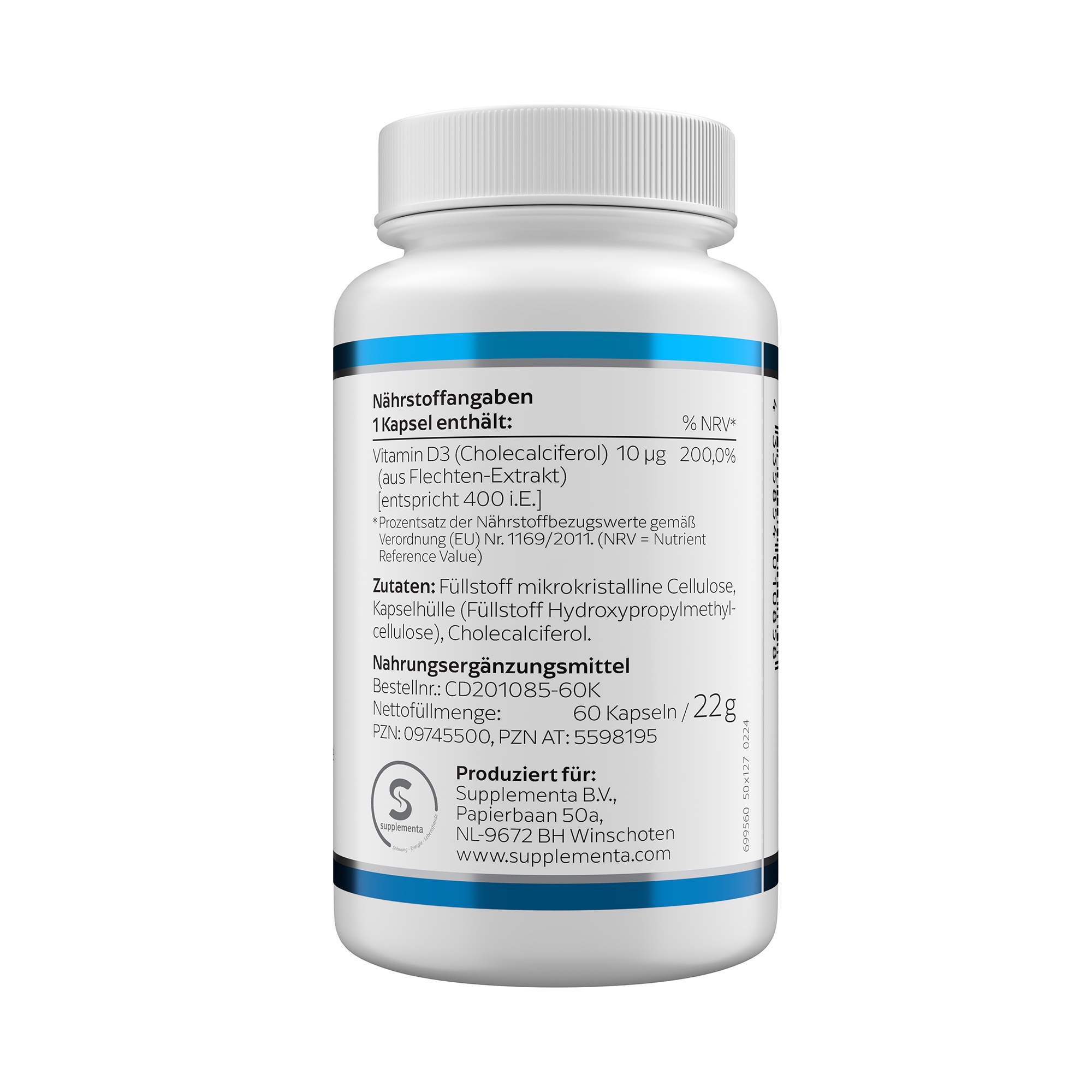 Produktfoto: Eine weiße Plastikflasche mit blauer Schrift und einem weißen Schraubverschluss. Auf der Flasche steht “Vitamin D 400 i.E. VEGAN“ und “KLEAN LABS“. Es handelt sich um ein Nahrungsergänzungsmittel mit Vitamin D3, 60 Kapseln.