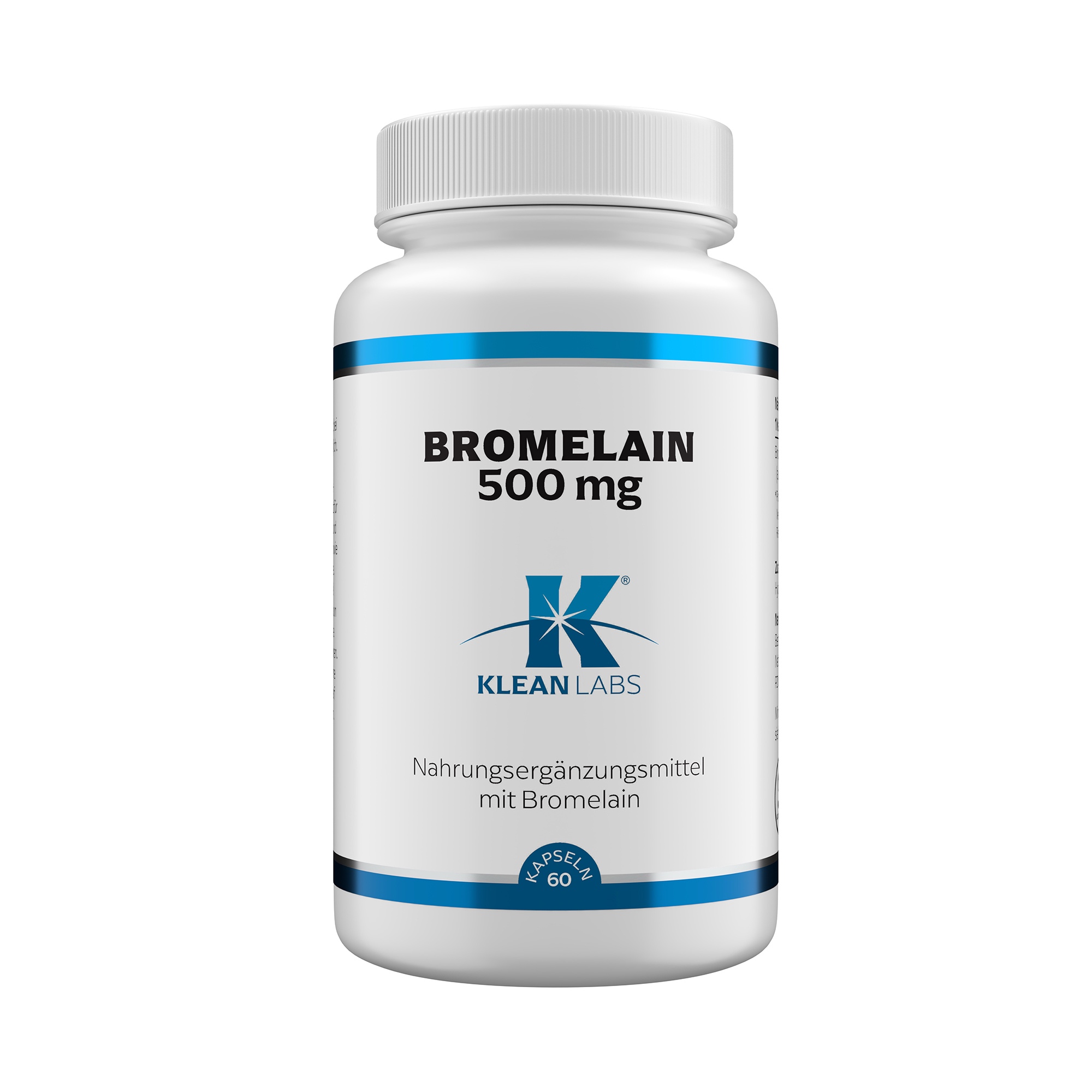 Produktfoto: Eine weiße Plastikflasche mit blauem Etikett, auf dem “Bromelain 500 mg“ steht. Darunter ist das Logo von Klean Labs abgebildet. Die Flasche enthält Nahrungsergänzungsmittel mit Bromelain.