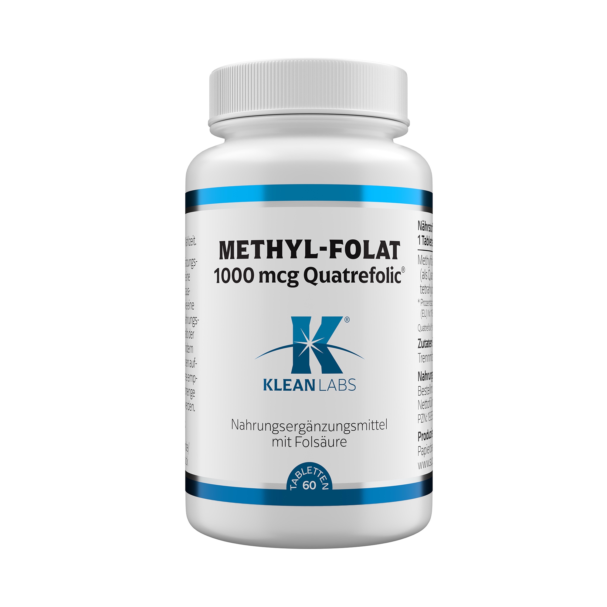 Produktfoto: Eine weiße Plastikflasche mit einem blauen Etikett und der Aufschrift 'Methyl-Folat 1000 mcg Quatrefolic'. Darunter steht 'Klean Labs' und 'Nahrungsergänzungsmittel mit Folsäure'. Die Flasche hat einen weißen Schraubverschluss.