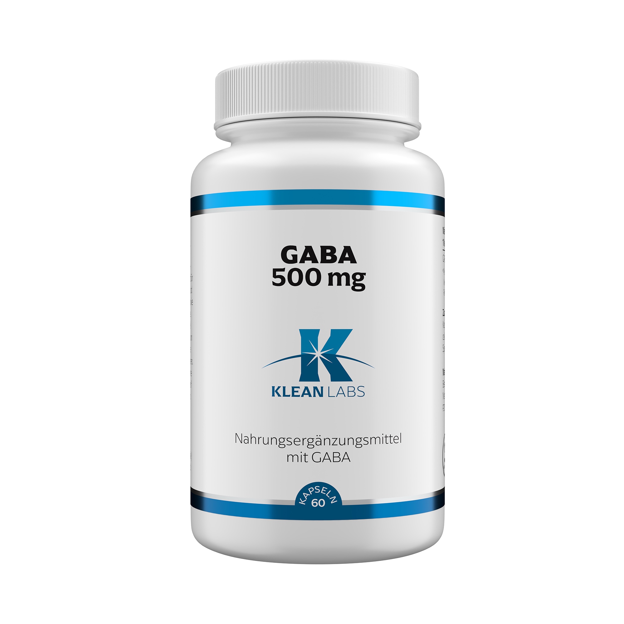 Produktfoto: Eine weiße Flasche mit blauem Etikett, auf dem 'GABA 500 mg' steht. Darunter das Logo von Klean Labs. Die Flasche enthält Nahrungsergänzungsmittel mit GABA.