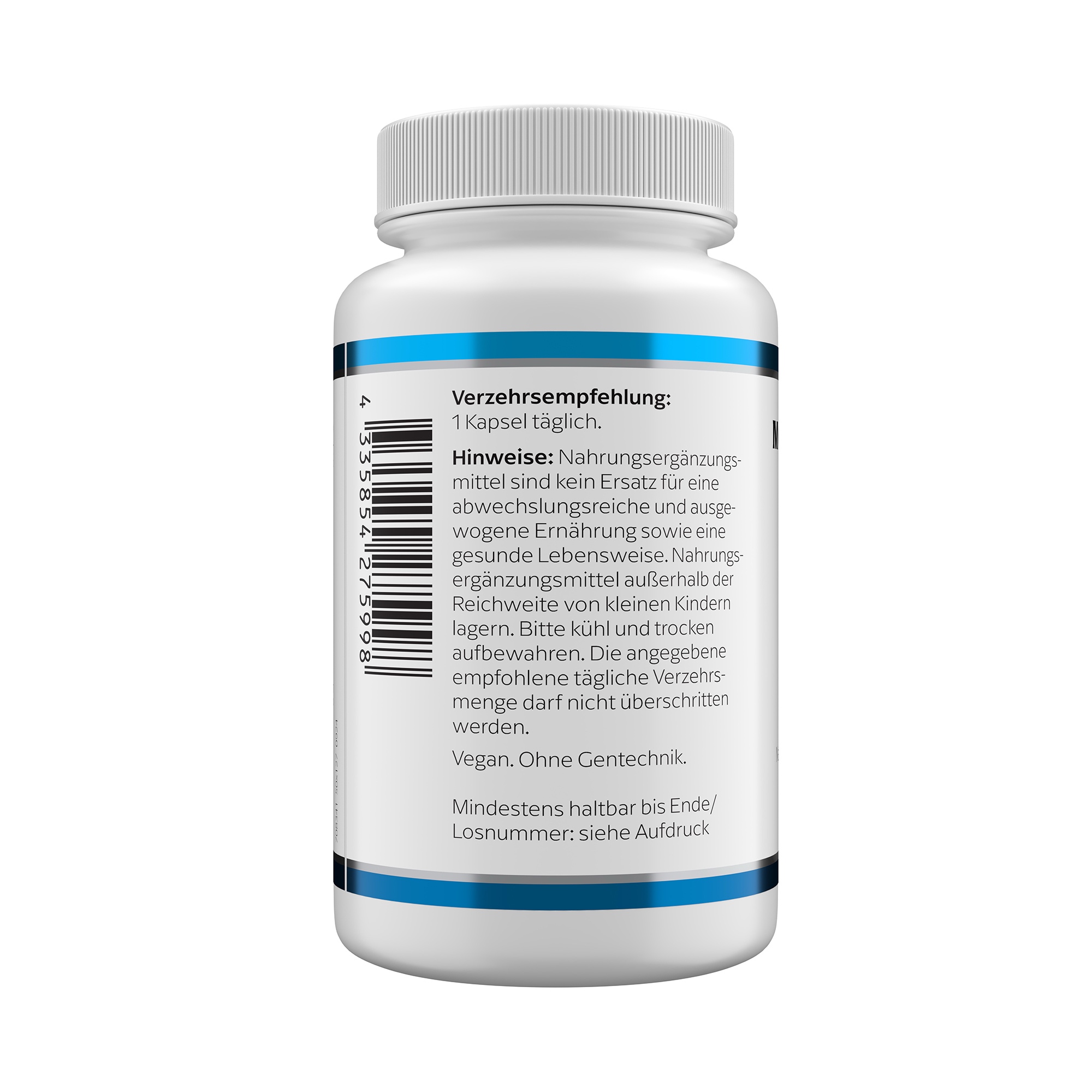 Produktfoto: Das Bild zeigt eine weiße Plastikflasche mit einem Schraubverschluss. Auf dem Etikett steht „Molybdenum 500 mcg (Molybdän)“. Darunter ist das Logo von Klean Labs abgebildet. Die Flasche enthält Nahrungsergänzungsmittel.