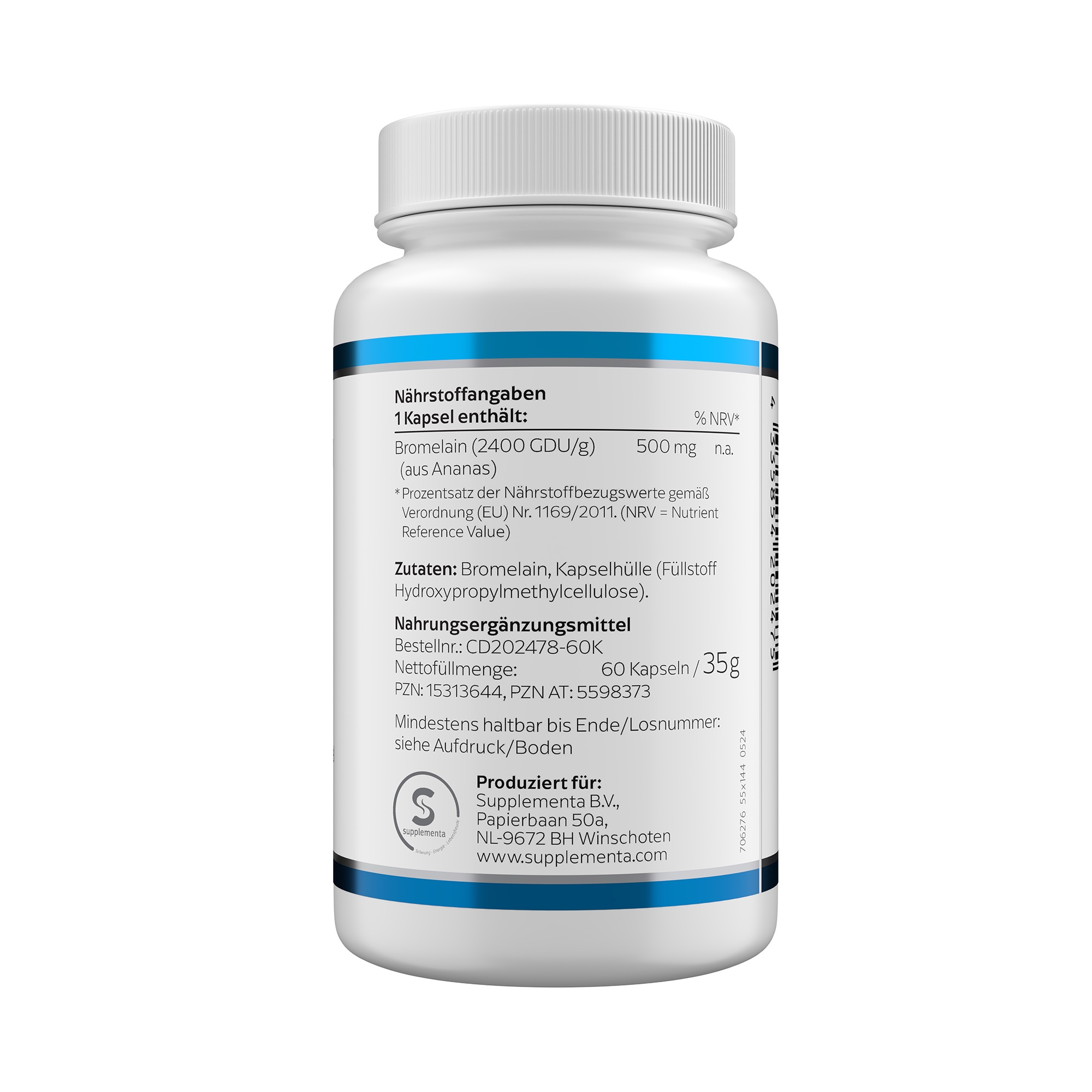 Produktfoto: Eine weiße Plastikflasche mit einem blauen Etikett und der Aufschrift “Bromelain 500 mg“ von Klean Labs. Die Flasche enthält Nahrungsergänzungsmittel mit Bromelain. Das Etikett zeigt das Logo von Klean Labs, einen blauen Buchstaben K mit einem stilisierten Stern. Die Flasche hat einen weißen Schraubverschluss und enthält 60 Kapseln.