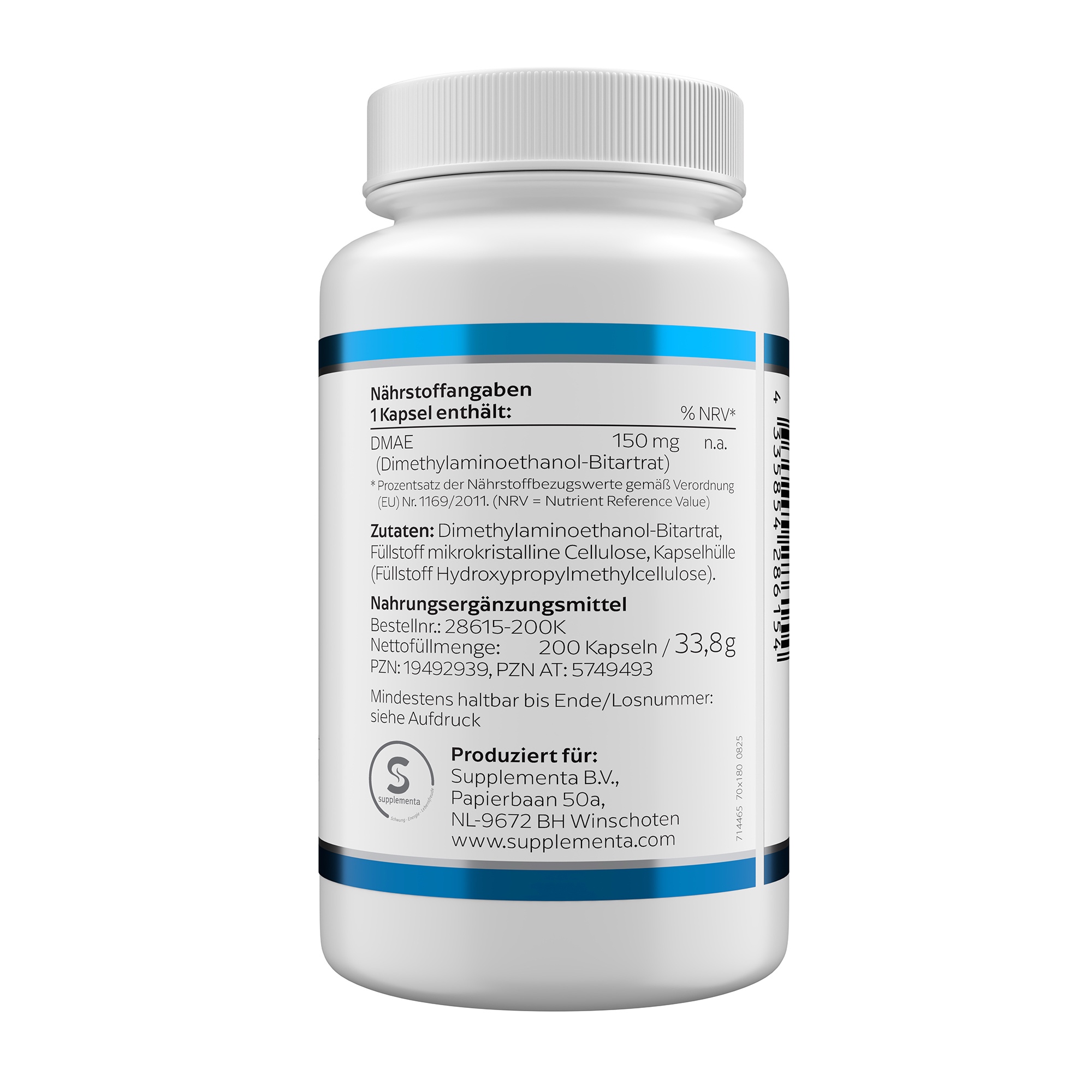 Produktfoto: Eine weiße Plastikflasche mit blauem Etikett, auf dem “DMAE 150 mg“ und “KLEAN LABS“ steht. Die Flasche enthält Nahrungsergänzungsmittel mit DMAE (Dimethylaminoethanol).