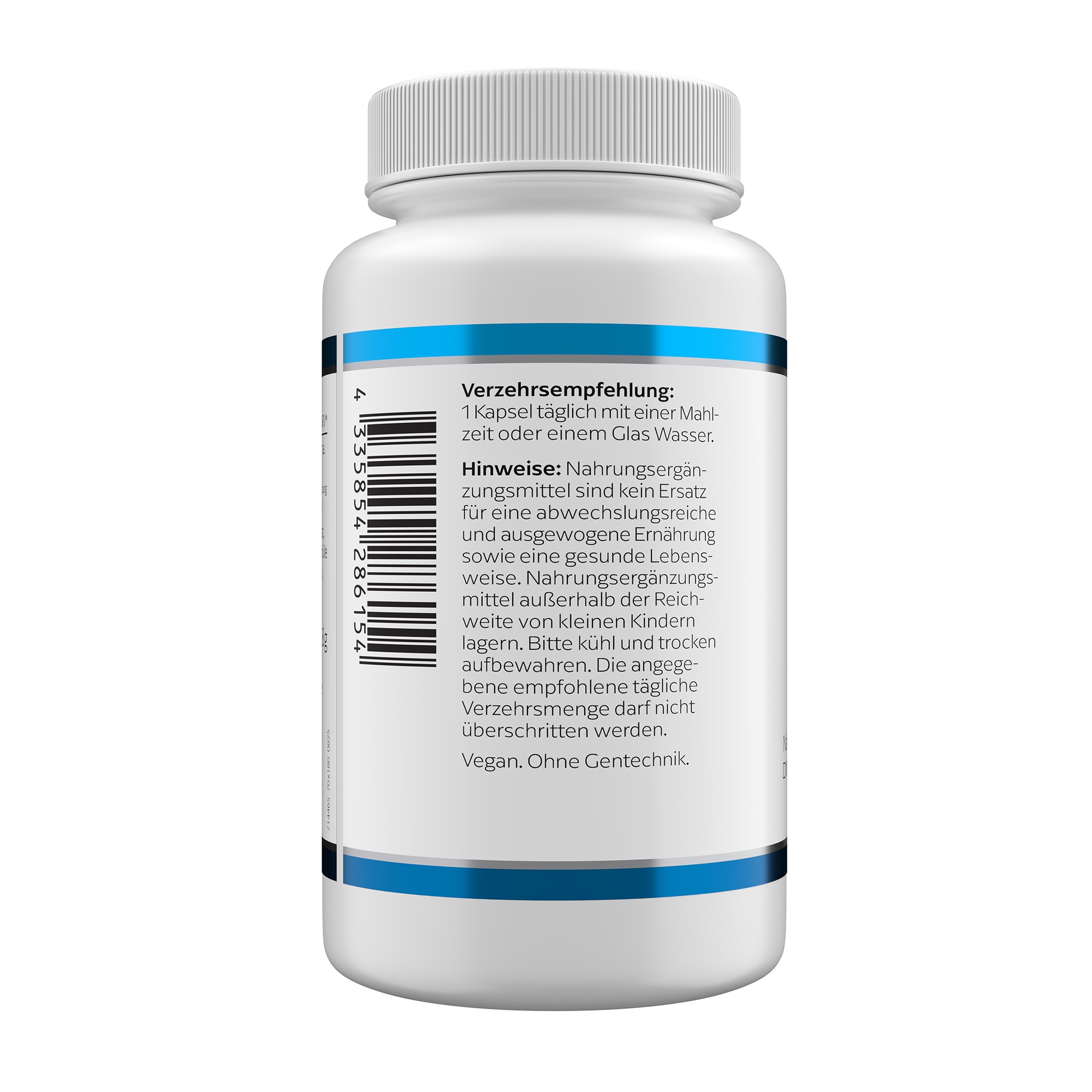 Produktfoto: Eine weiße Plastikflasche mit blauem Etikett, auf dem “DMAE 150 mg“ und “KLEAN LABS“ steht. Die Flasche enthält Nahrungsergänzungsmittel mit DMAE (Dimethylaminoethanol).