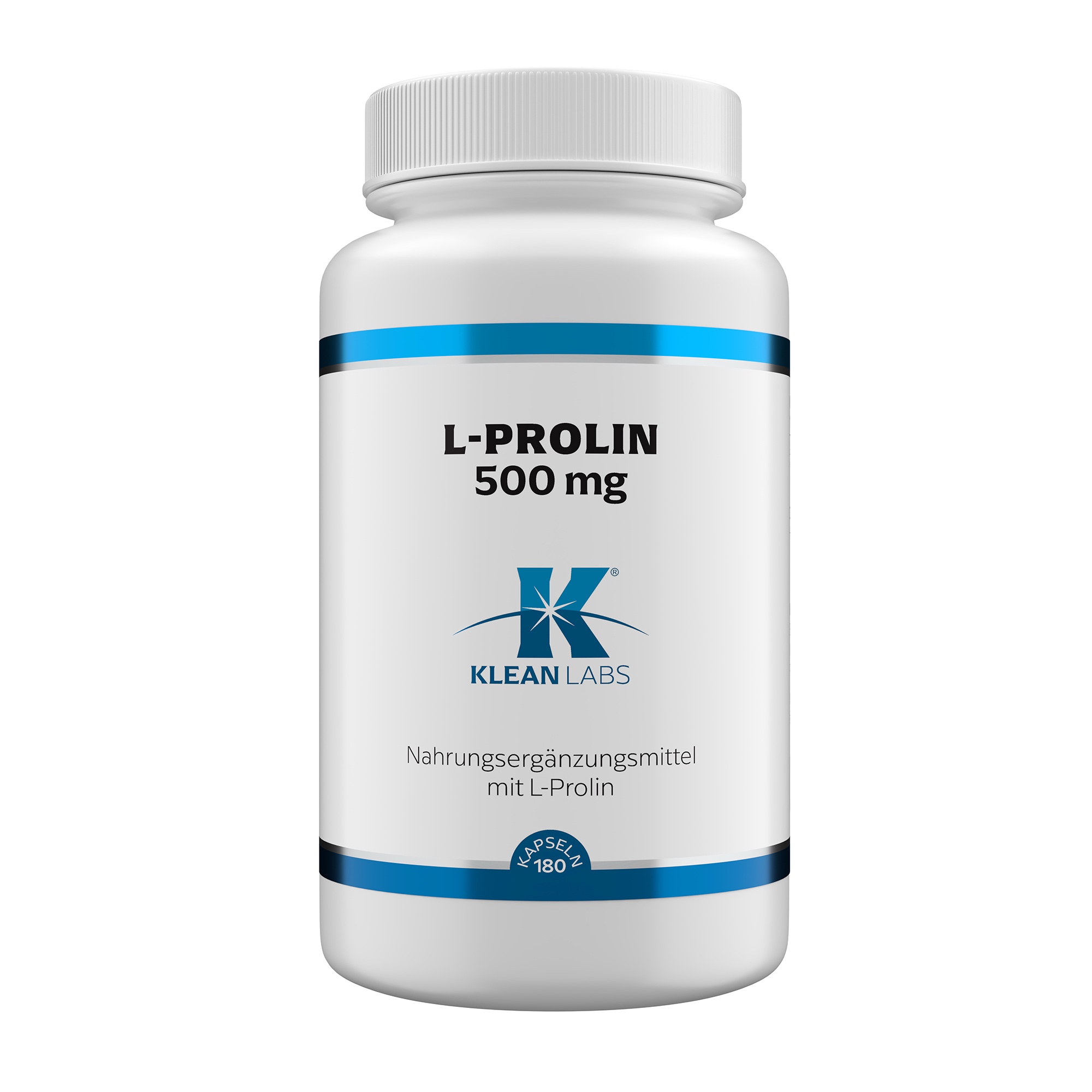 Produktfoto: Eine weiße Plastikflasche mit der Aufschrift 'L-PROLIN 500 mg' von Klean Labs. Die Flasche enthält Nahrungsergänzungsmittel mit L-Prolin, 180 Kapseln. Es gibt blaue Akzente auf der Flasche.