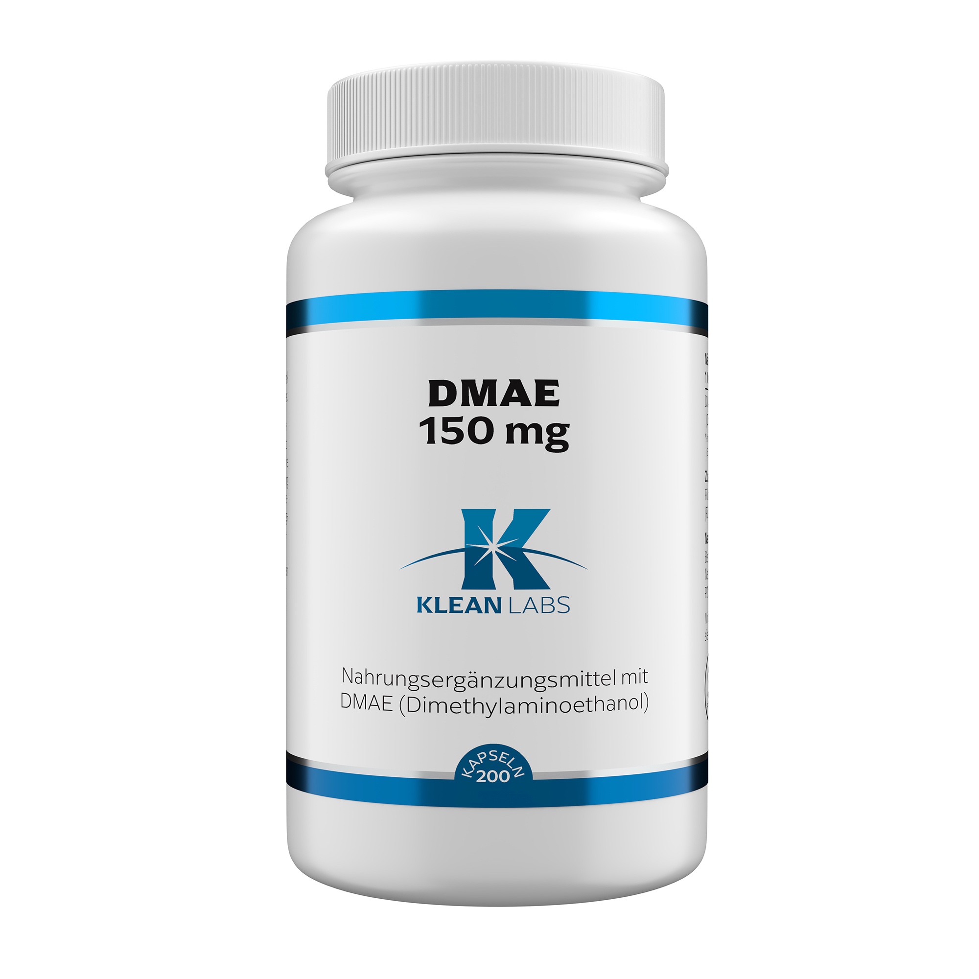 Produktfoto: Eine weiße Plastikflasche mit blauem Etikett, auf dem “DMAE 150 mg“ und “KLEAN LABS“ steht. Die Flasche enthält Nahrungsergänzungsmittel mit DMAE (Dimethylaminoethanol).