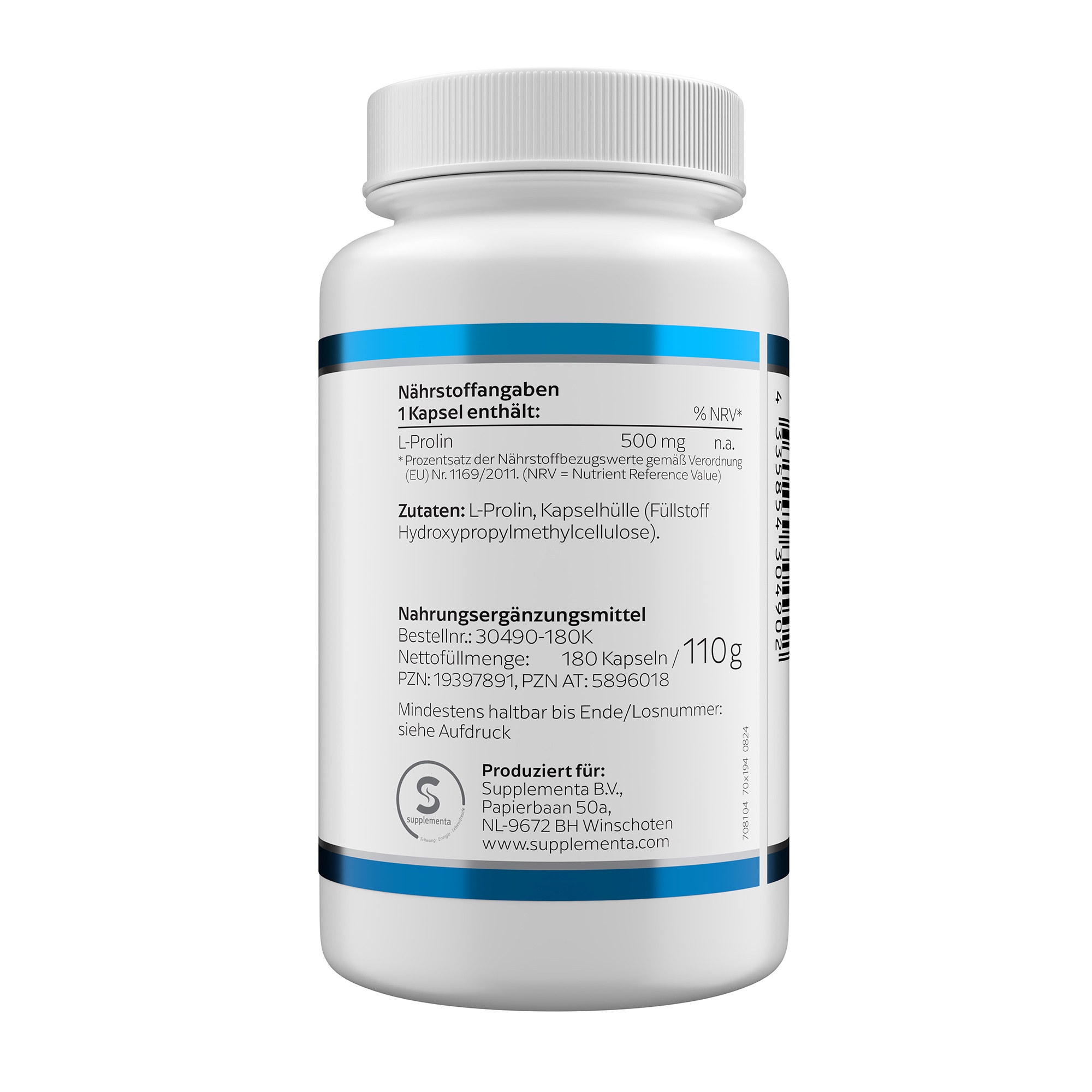 Produktfoto: Eine weiße Plastikflasche mit der Aufschrift 'L-PROLIN 500 mg' von Klean Labs. Die Flasche enthält Nahrungsergänzungsmittel mit L-Prolin, 180 Kapseln. Es gibt blaue Akzente auf der Flasche.