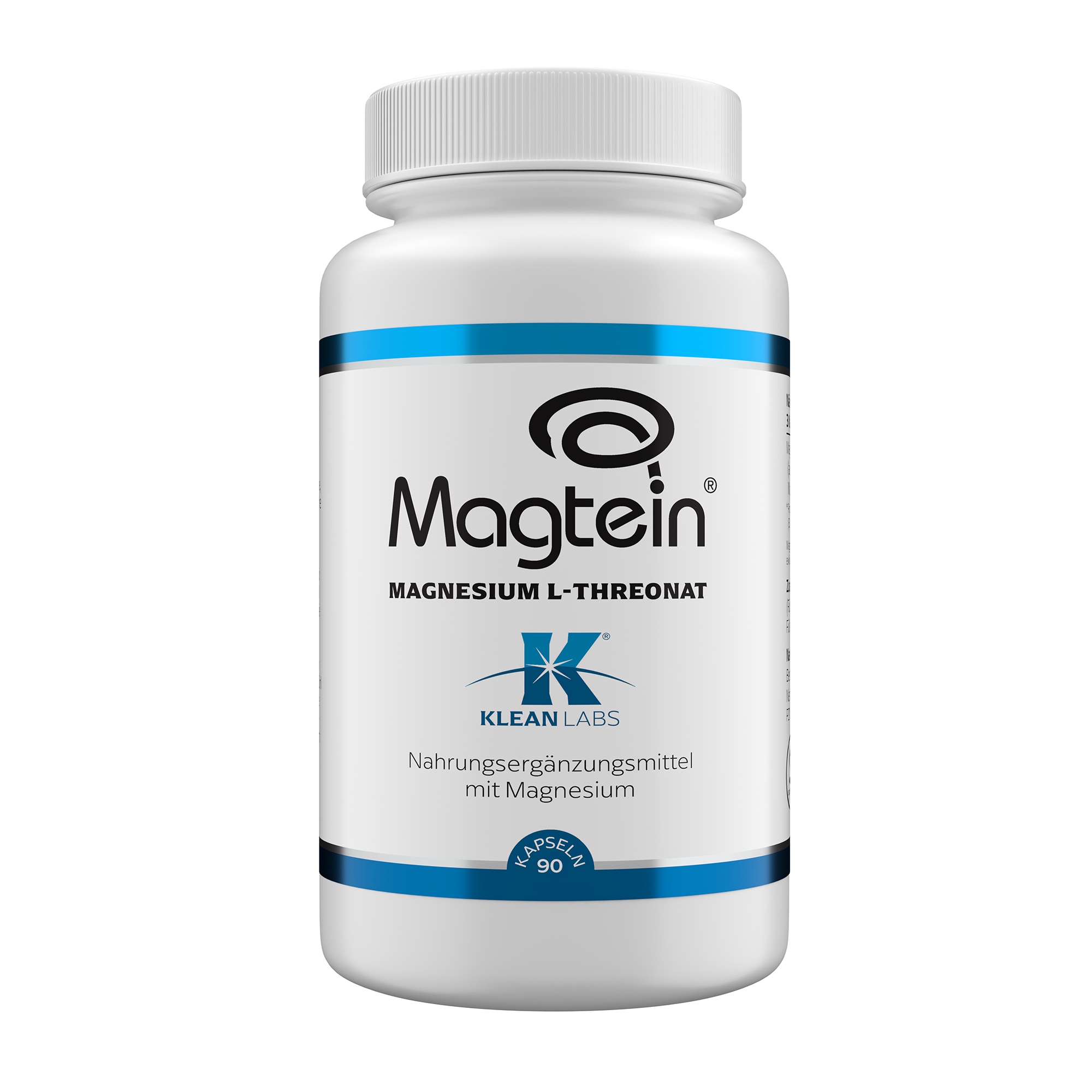Produktfoto: Das Bild zeigt eine weiße Flasche mit der Aufschrift 'Magtein Magnesium L-Threonat' von Klean Labs auf einem weißen Tisch. Links im Bild sind drei runde Symbole mit den Aufschriften 'Glutenfrei', 'Vegan' und 'Ohne Gentechnik'. Oben rechts befindet sich ein Logo mit der Aufschrift 'Ein Hersteller von Supplementa'. Rechts neben der Flasche ist ein grüner Bambuszweig zu sehen.