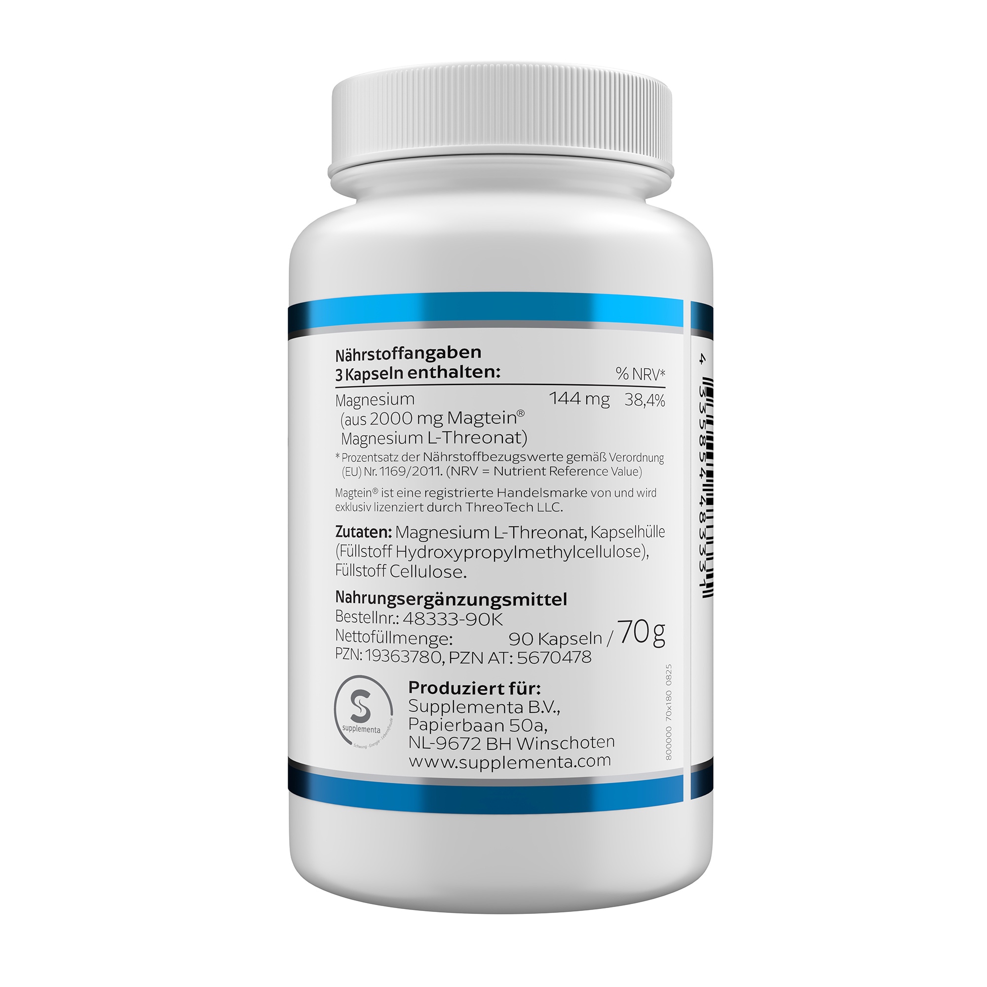 Produktfoto: Das Bild zeigt eine weiße Flasche mit der Aufschrift 'Magtein Magnesium L-Threonat' von Klean Labs auf einem weißen Tisch. Links im Bild sind drei runde Symbole mit den Aufschriften 'Glutenfrei', 'Vegan' und 'Ohne Gentechnik'. Oben rechts befindet sich ein Logo mit der Aufschrift 'Ein Hersteller von Supplementa'. Rechts neben der Flasche ist ein grüner Bambuszweig zu sehen.