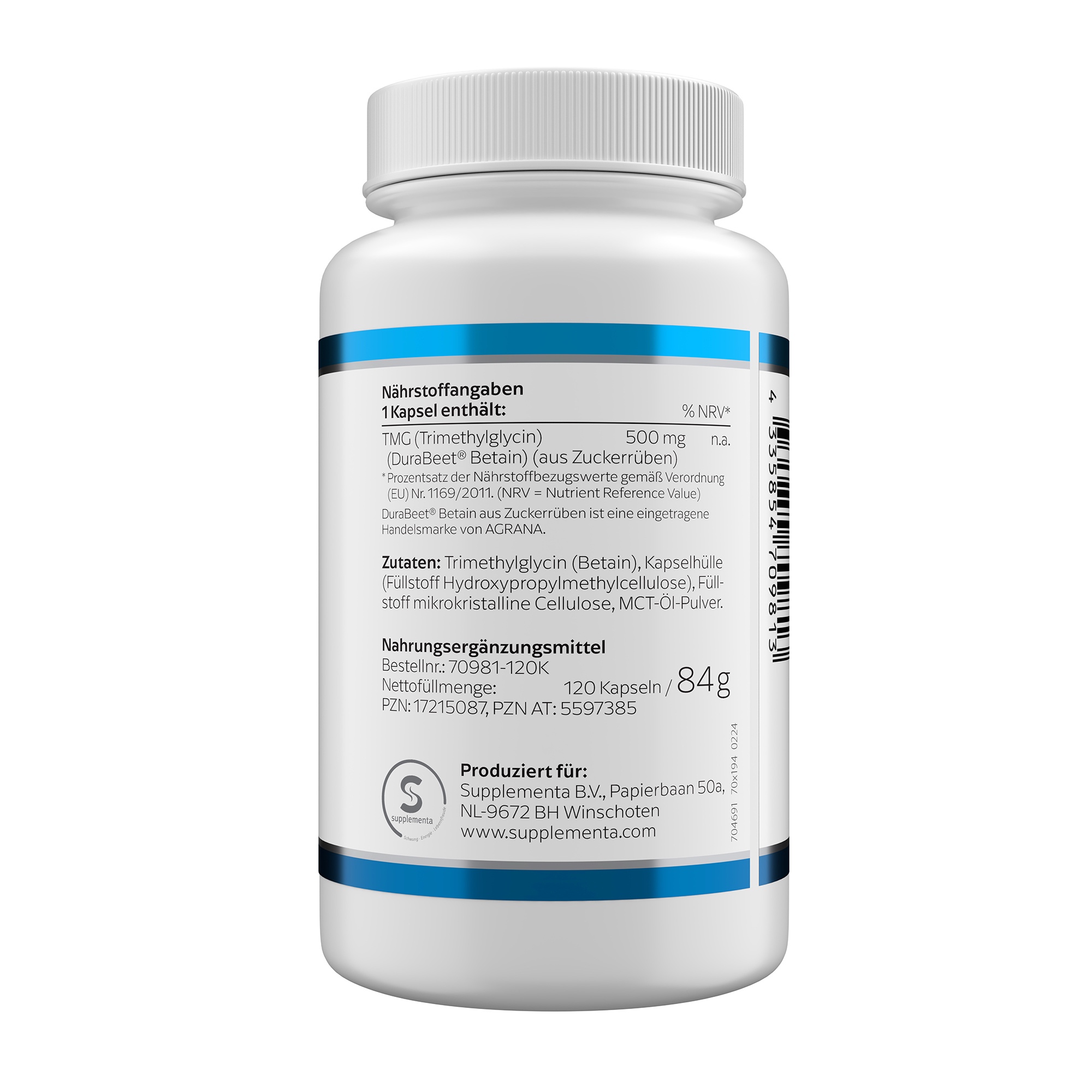 Produktfoto: Das Bild zeigt eine weiße Plastikflasche mit dem Aufdruck 'TMG (Trimethylglycin) 500 mg' von Klean Labs. Es handelt sich um ein Nahrungsergänzungsmittel mit Trimethylglycin. Die Flasche hat einen blauen Deckel und enthält 120 Kapseln.