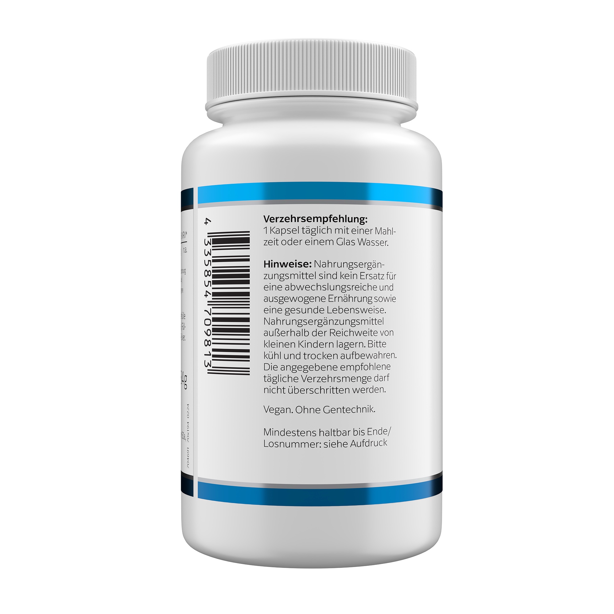 Produktfoto: Das Bild zeigt eine weiße Plastikflasche mit dem Aufdruck 'TMG (Trimethylglycin) 500 mg' von Klean Labs. Es handelt sich um ein Nahrungsergänzungsmittel mit Trimethylglycin. Die Flasche hat einen blauen Deckel und enthält 120 Kapseln.
