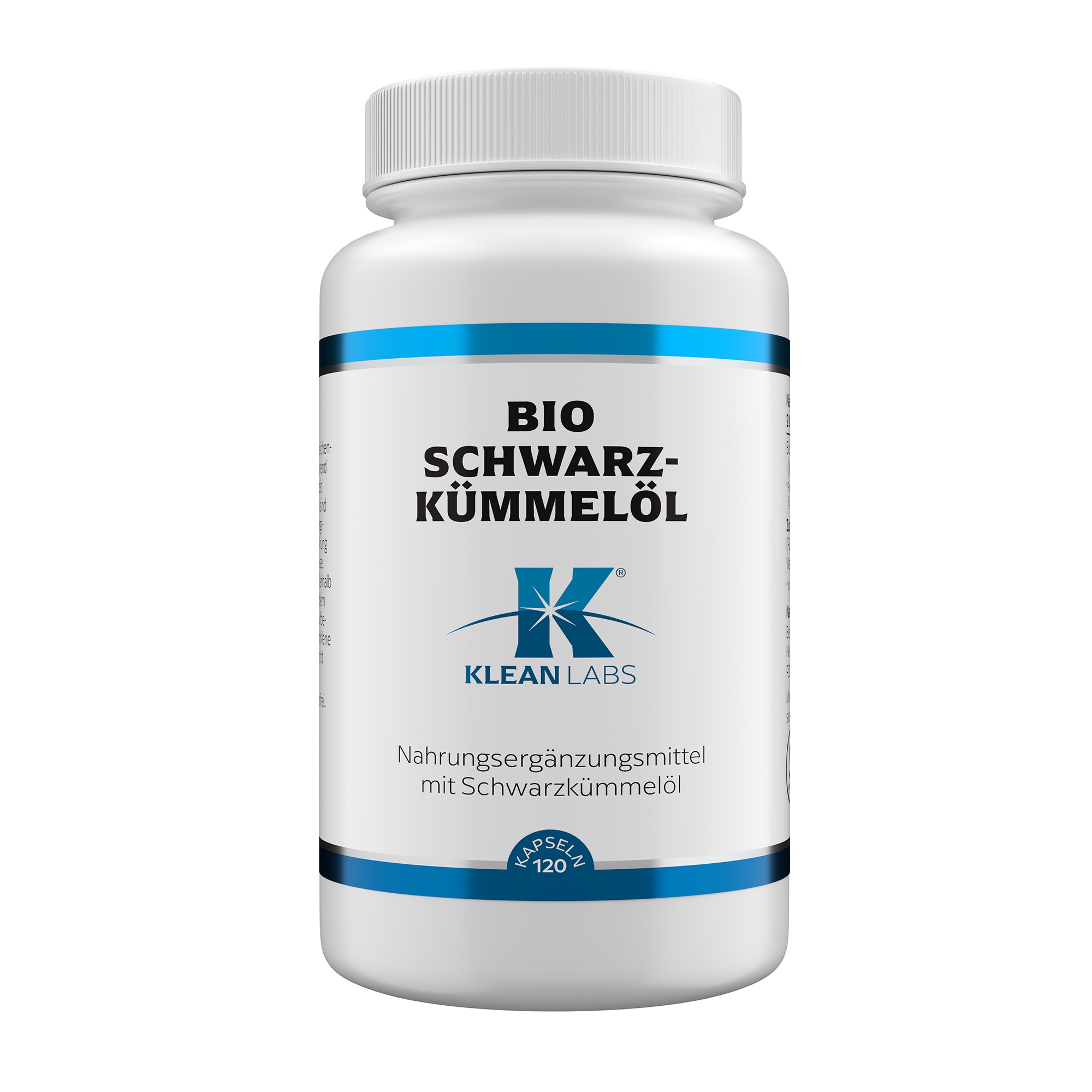 Produktfoto: Eine braune Flasche mit schwarzem Deckel, auf der ein weißes Etikett mit der Aufschrift 'Bio Schwarzkümmelöl Klean Labs' zu sehen ist. Das Etikett enthält auch ein blaues Logo und den Hinweis 'Nahrungsergänzungsmittel mit Schwarzkümmelöl'.
