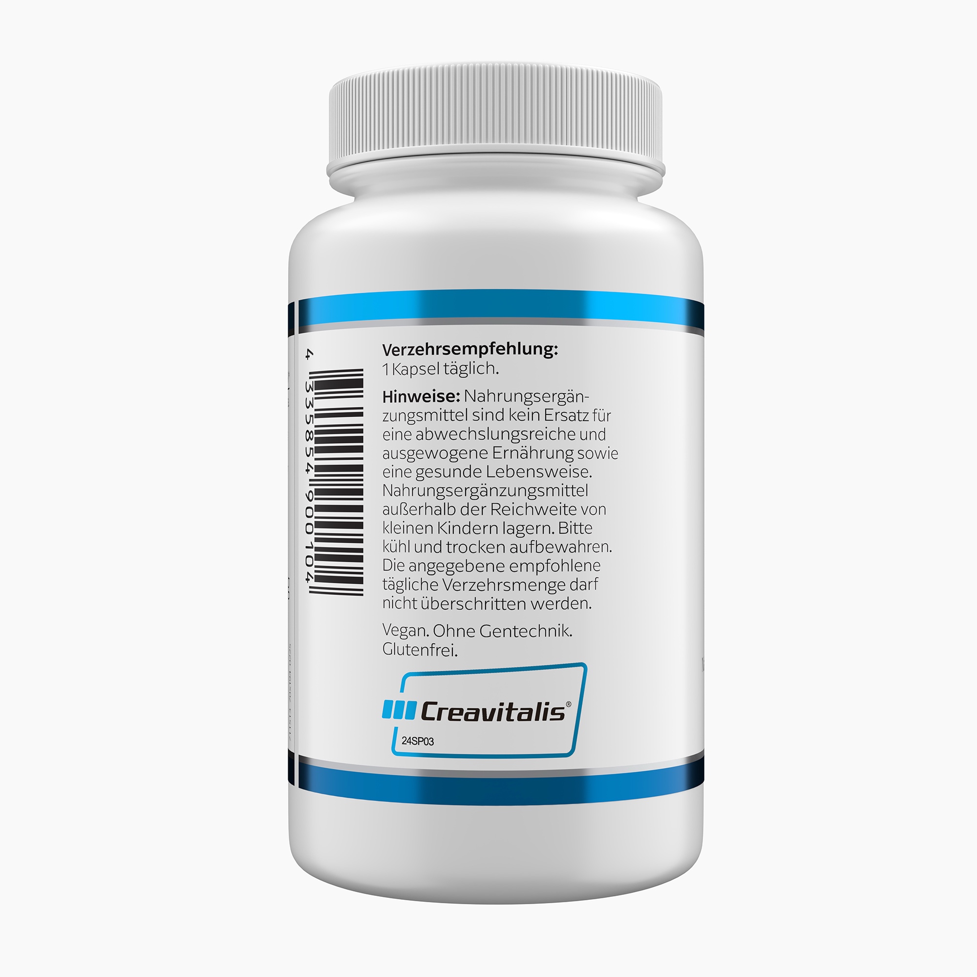 Produktfoto: Eine weiße Plastikflasche mit blauem Etikett, auf dem 'Kreatin 750 mg' steht. Darunter ist das Logo 'Klean Labs' und die Aufschrift 'Nahrungsergänzungsmittel mit Kreatin'. Die Flasche hat einen weißen Schraubverschluss.