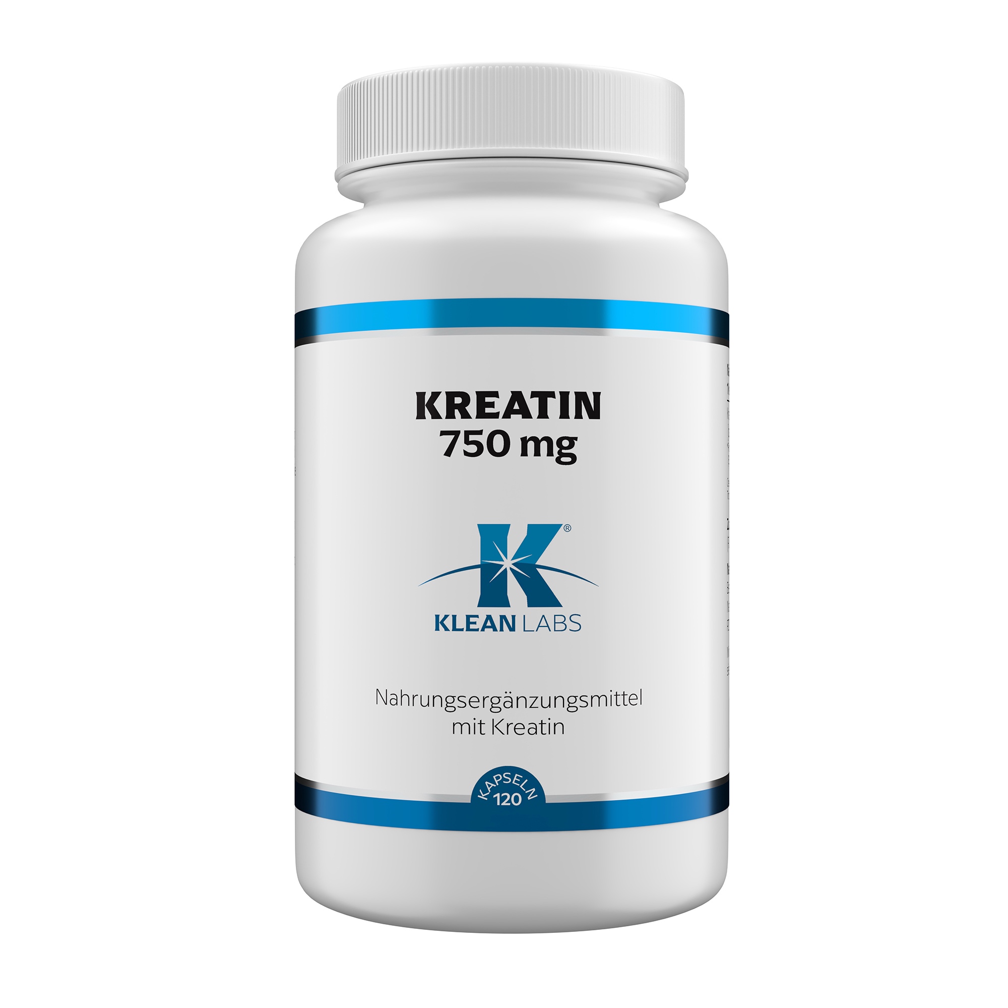 Produktfoto: Eine weiße Plastikflasche mit blauem Etikett, auf dem 'Kreatin 750 mg' steht. Darunter ist das Logo 'Klean Labs' und die Aufschrift 'Nahrungsergänzungsmittel mit Kreatin'. Die Flasche hat einen weißen Schraubverschluss.