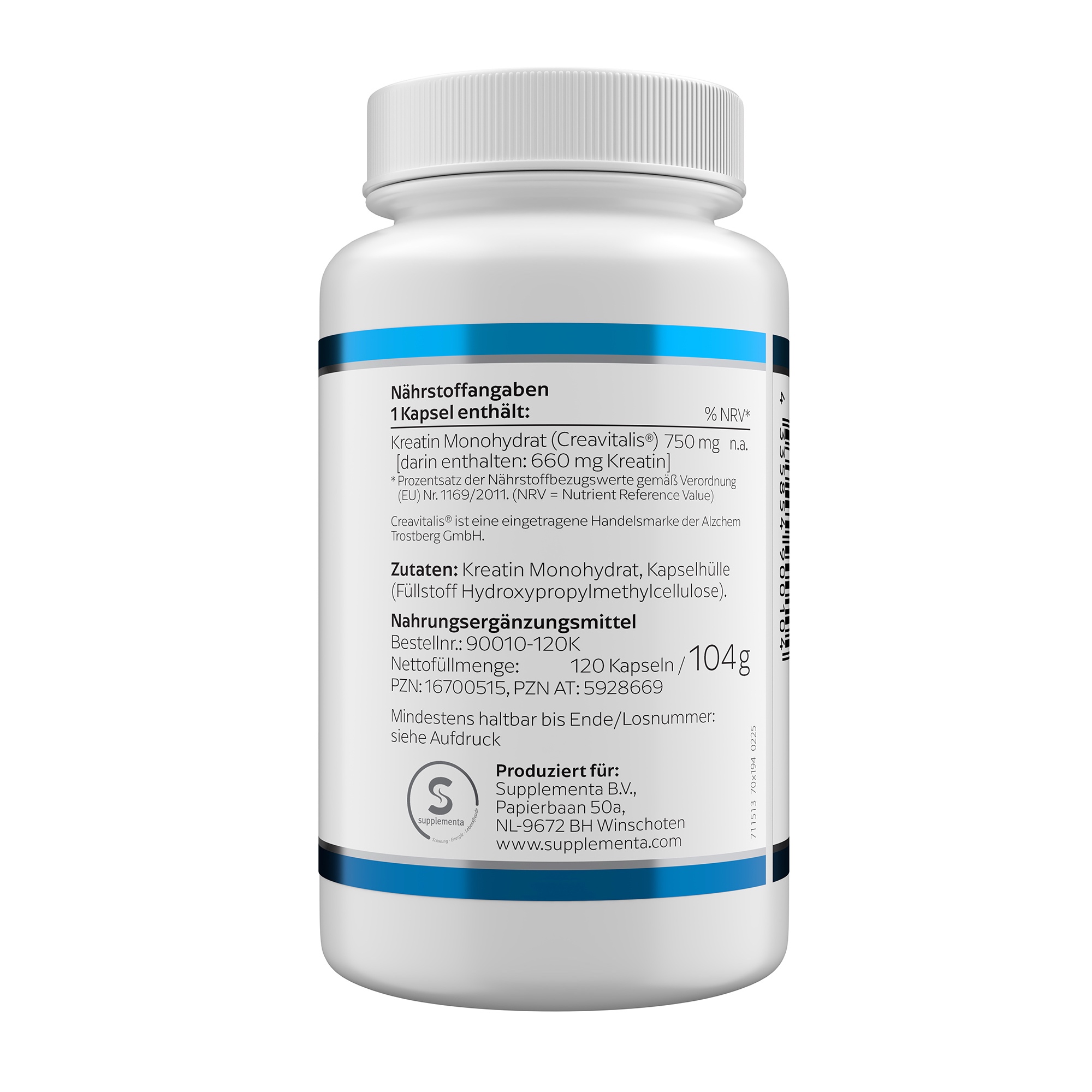 Produktfoto: Eine weiße Plastikflasche mit blauem Etikett, auf dem 'Kreatin 750 mg' steht. Darunter ist das Logo 'Klean Labs' und die Aufschrift 'Nahrungsergänzungsmittel mit Kreatin'. Die Flasche hat einen weißen Schraubverschluss.