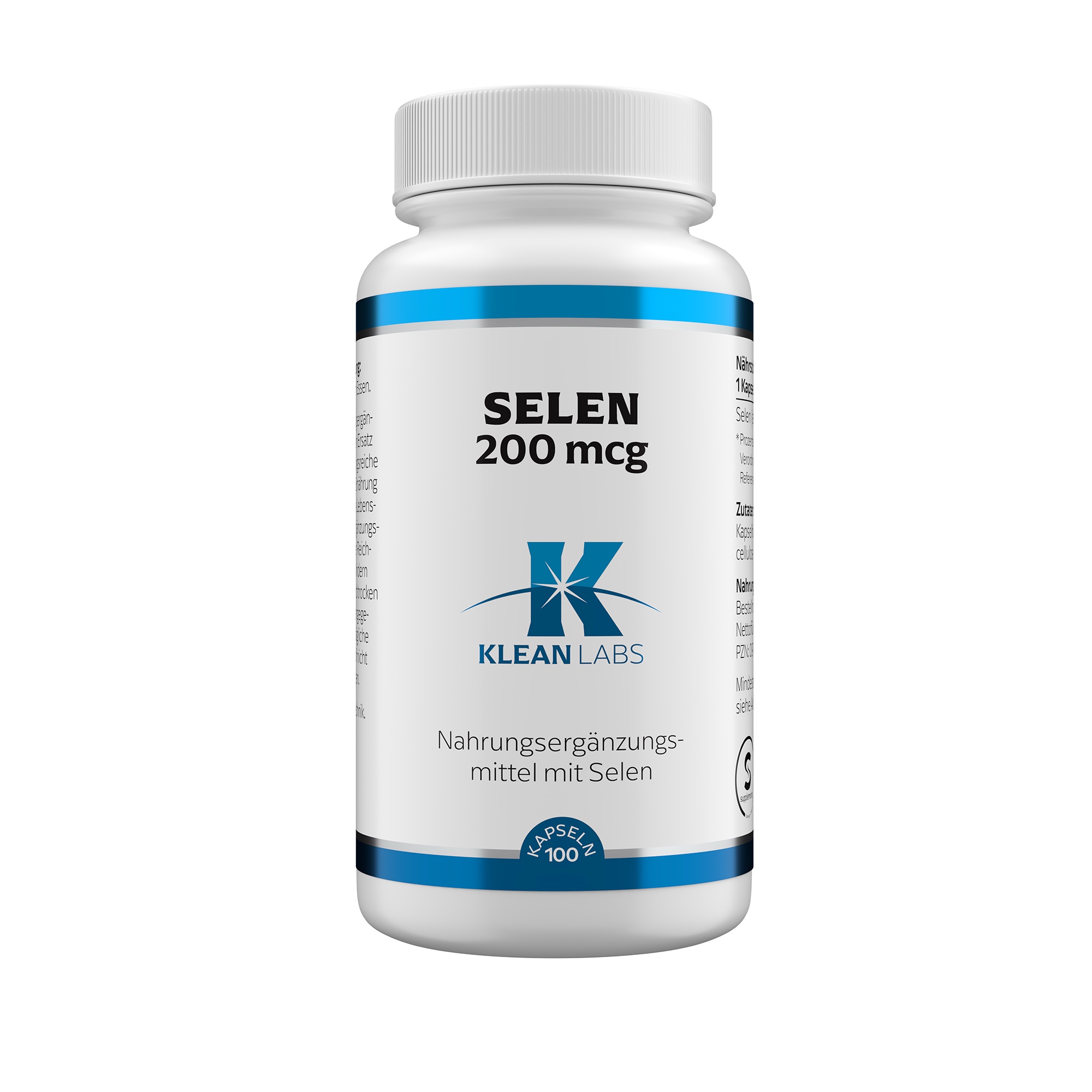 Produktfoto: Eine weiße Plastikflasche mit blauem Etikett, auf dem “SELEN 200 mcg“ und “KLEAN LABS“ steht. Die Flasche enthält 100 Kapseln eines Nahrungsergänzungsmittels mit Selen.