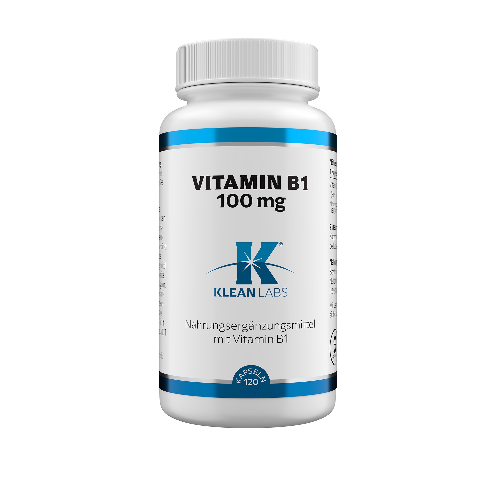 Produktfoto: Eine weiße Plastikflasche mit blauem Etikett, auf dem 'Vitamin B1 100 mg' und 'Klean Labs' steht. Die Flasche enthält 120 Kapseln eines Nahrungsergänzungsmittels mit Vitamin B1.