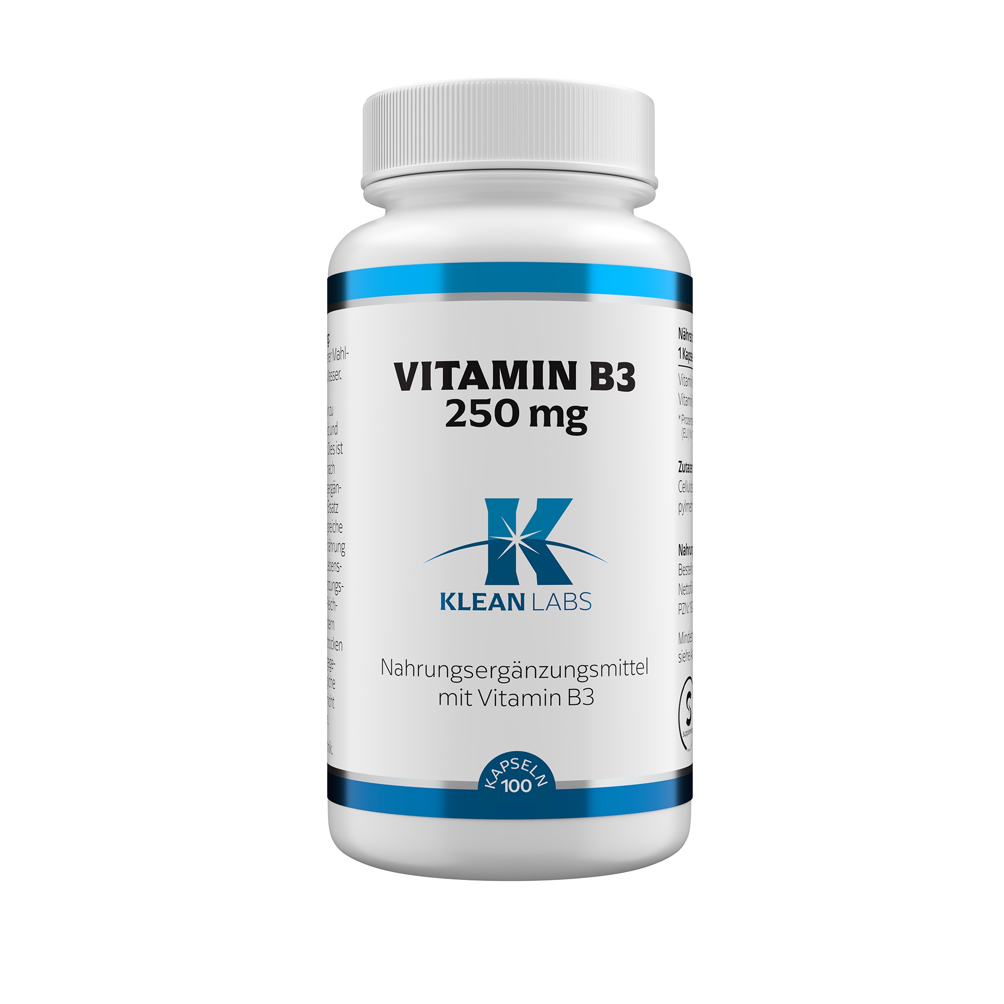 Produktfoto: Eine weiße Plastikflasche mit einem blauen Etikett, auf dem “Vitamin B3 250 mg“ und “Klean Labs“ steht. Die Flasche enthält 100 Kapseln eines Nahrungsergänzungsmittels mit Vitamin B3.