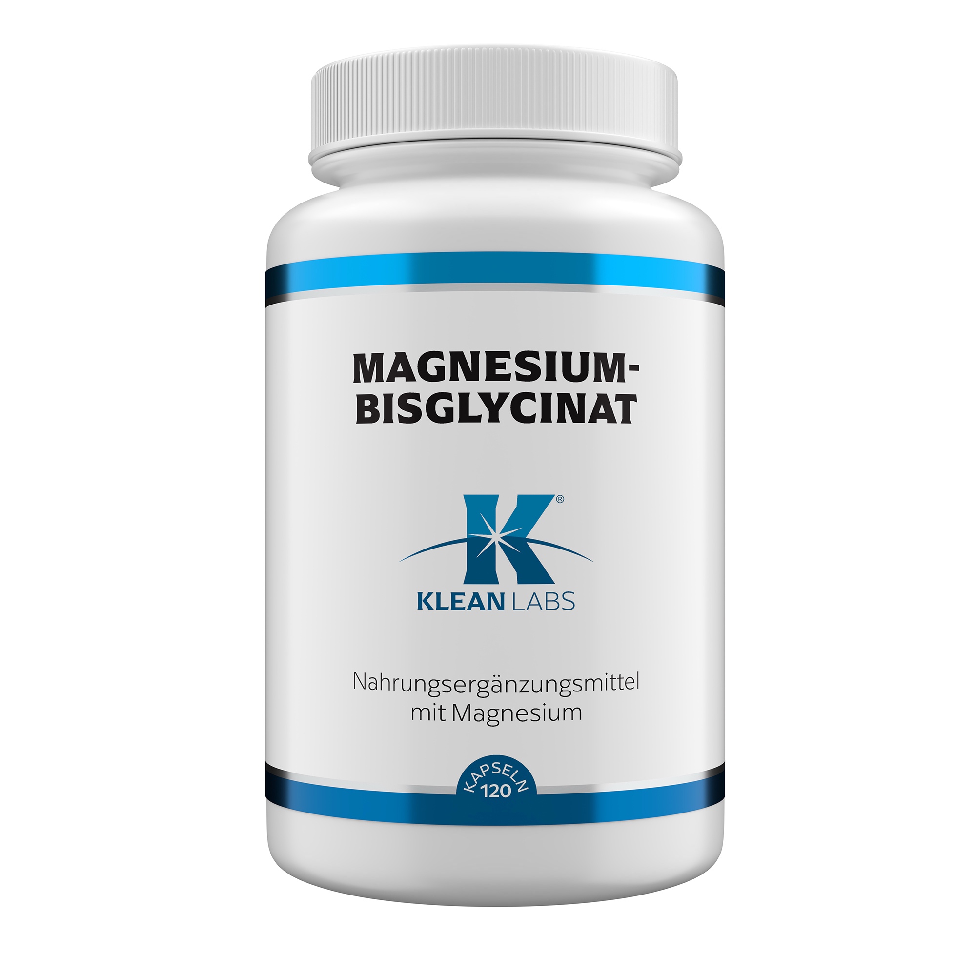 Produktfoto: Eine weiße Kunststoffflasche mit blauem Etikett, auf dem “MAGNESIUM-BISGLYCINAT“ und “KLEAN LABS“ steht. Die Flasche enthält 120 Kapseln eines Nahrungsergänzungsmittels mit Magnesium.