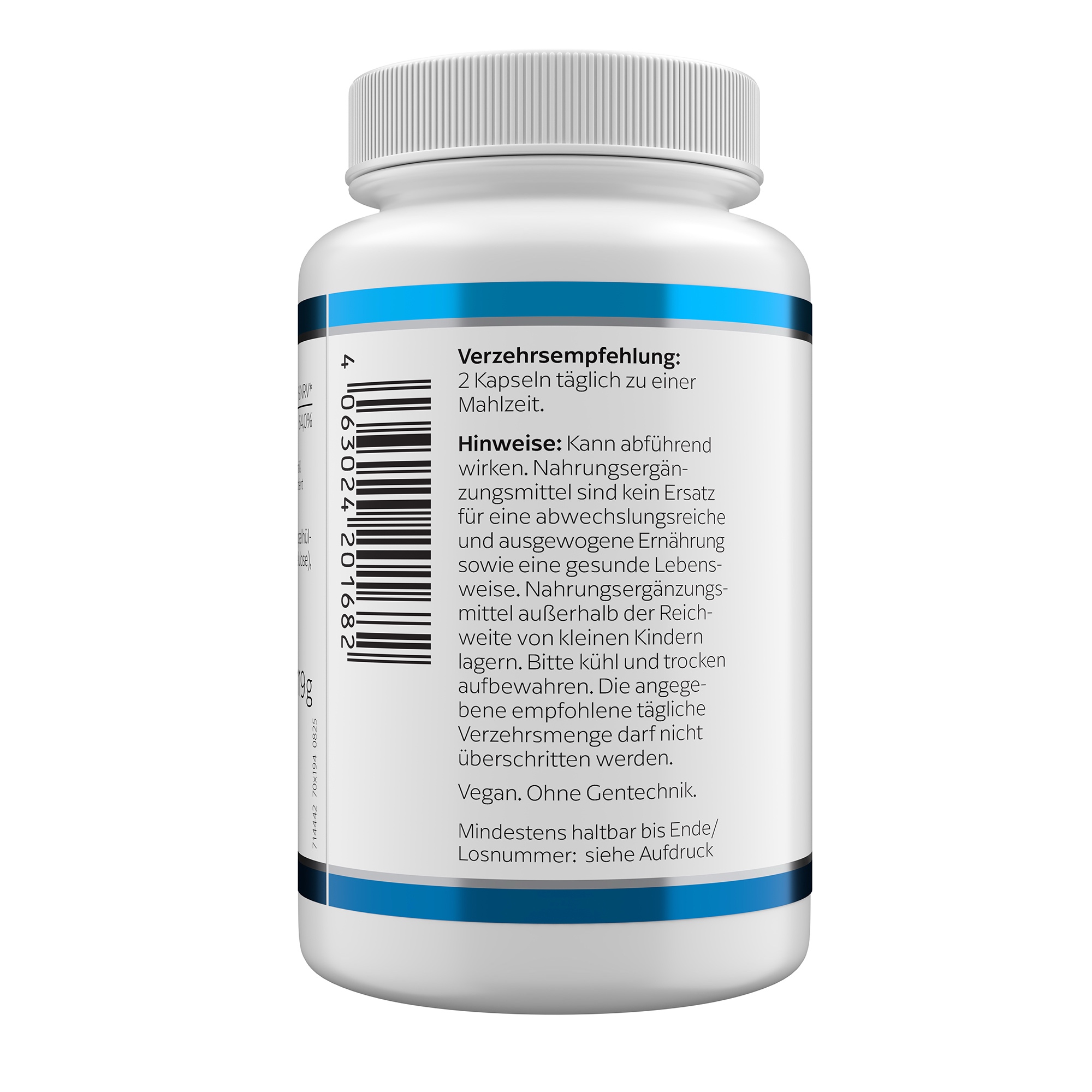 Produktfoto: Eine weiße Kunststoffflasche mit blauem Etikett, auf dem “MAGNESIUM-BISGLYCINAT“ und “KLEAN LABS“ steht. Die Flasche enthält 120 Kapseln eines Nahrungsergänzungsmittels mit Magnesium.