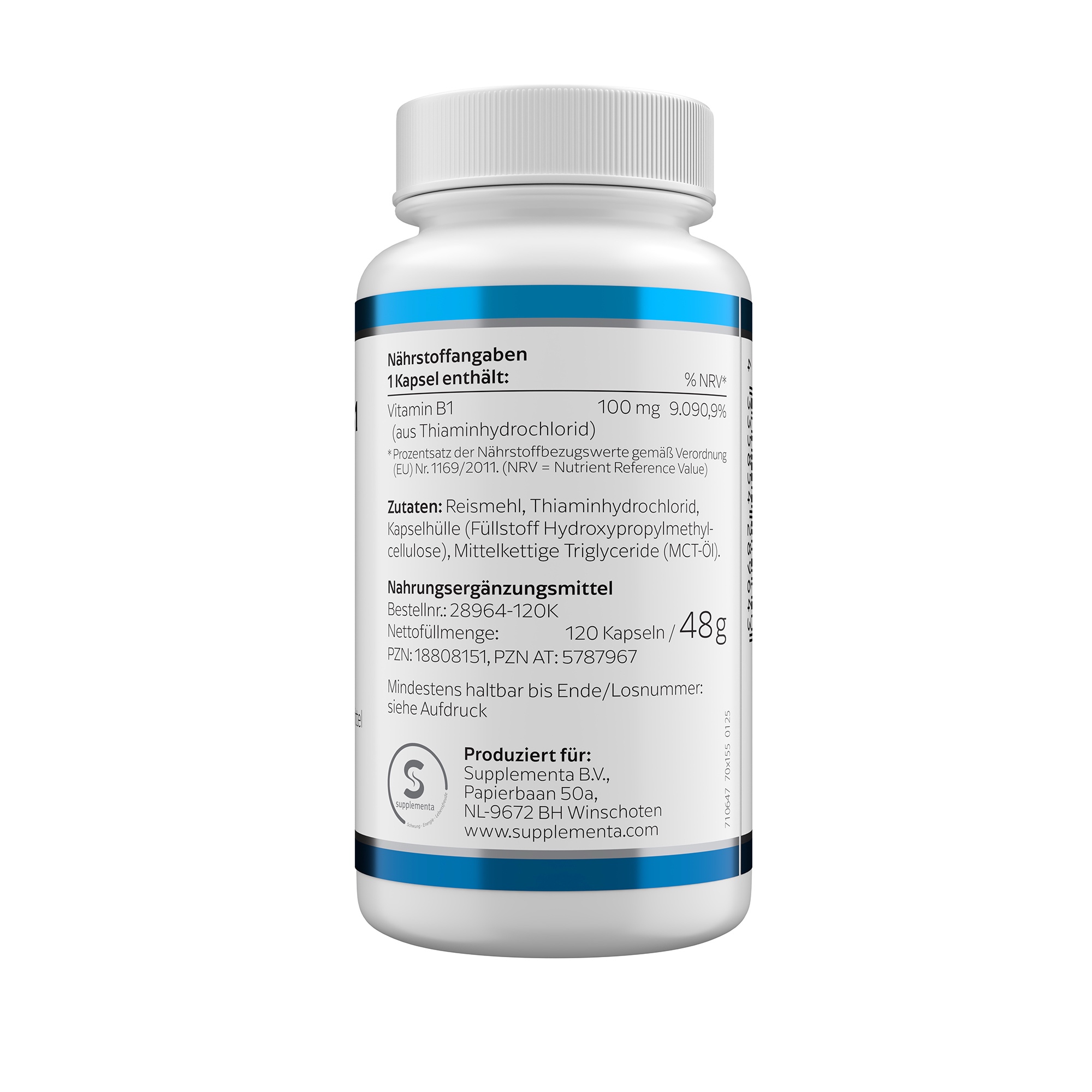 Produktfoto: Eine weiße Plastikflasche mit blauem Etikett, auf dem 'Vitamin B1 100 mg' und 'Klean Labs' steht. Die Flasche enthält 120 Kapseln eines Nahrungsergänzungsmittels mit Vitamin B1.