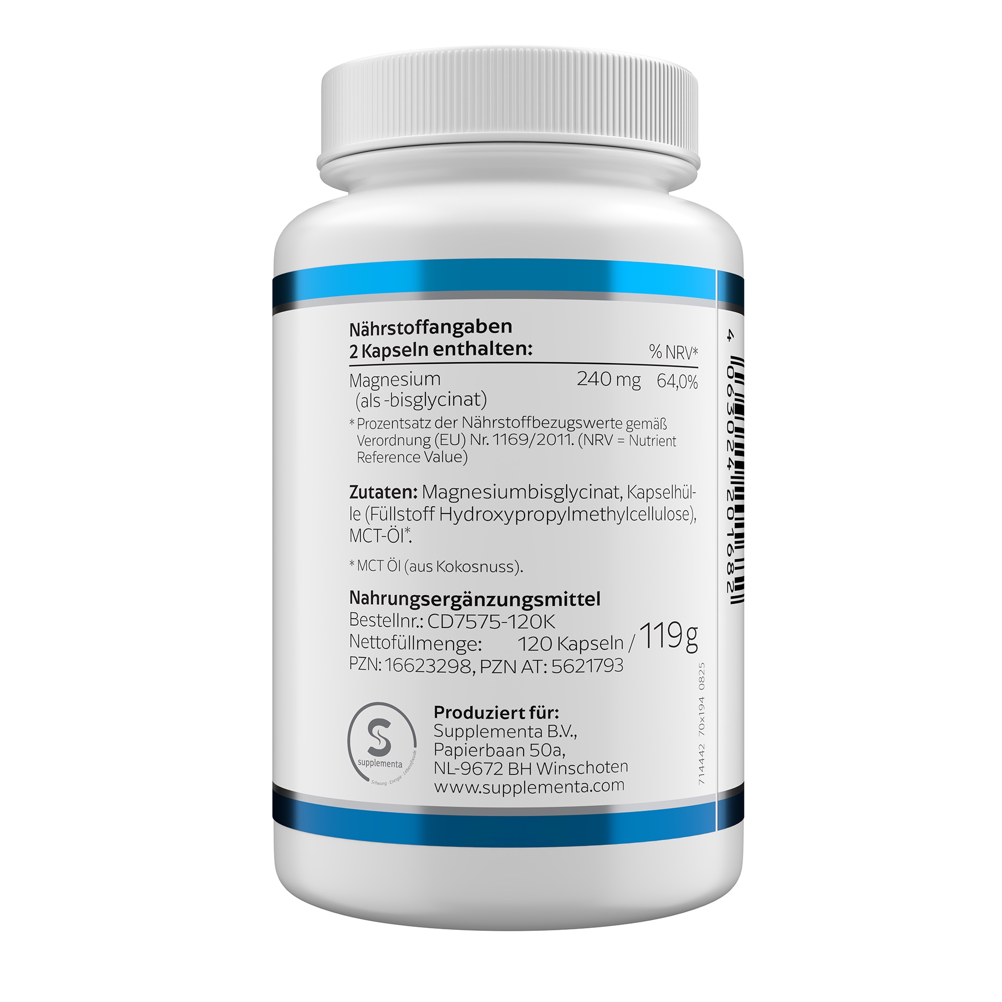 Produktfoto: Eine weiße Kunststoffflasche mit blauem Etikett, auf dem “MAGNESIUM-BISGLYCINAT“ und “KLEAN LABS“ steht. Die Flasche enthält 120 Kapseln eines Nahrungsergänzungsmittels mit Magnesium.