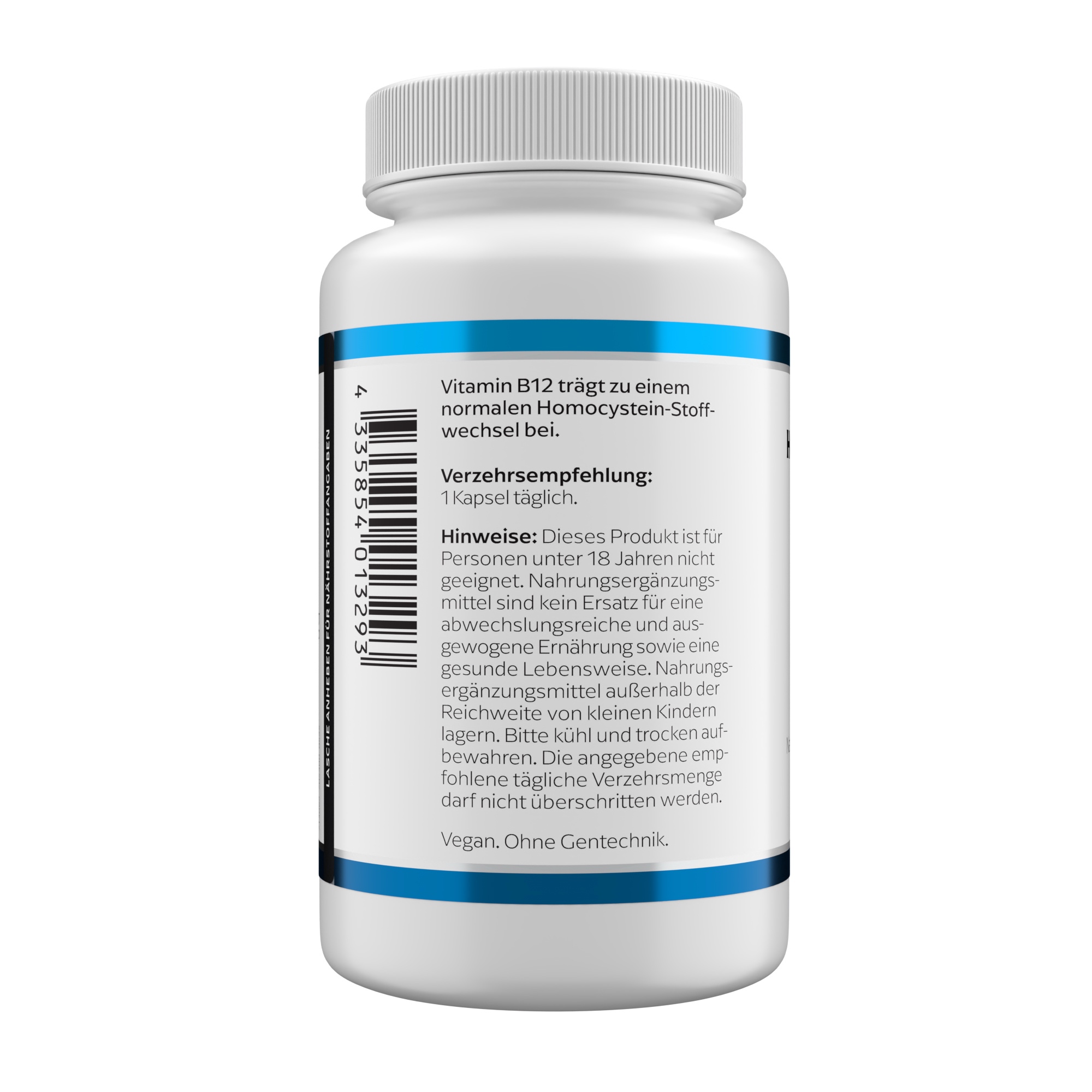 Produktfoto: Eine weiße Plastikflasche mit einem blauen Etikett, auf dem “HOMOCYSTRIN + TMG“ steht. Darunter ist das Logo von Klean Labs zu sehen. Das Produkt wird als Nahrungsergänzungsmittel mit B-Vitaminen und TMG beschrieben. Die Flasche enthält 90 Kapseln.